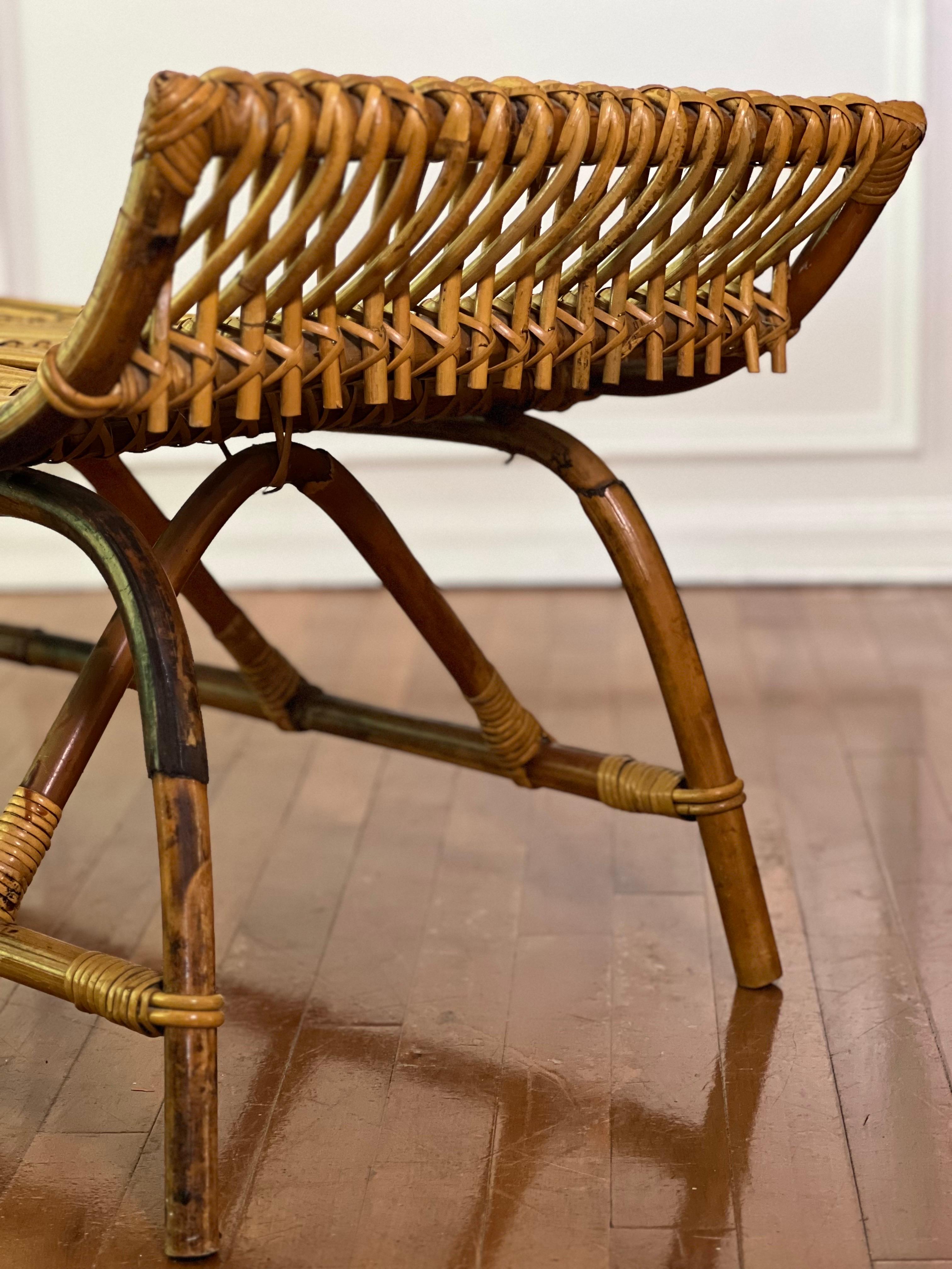 Vintage Midcentury Albini Style Bamboo and Rattan Bench For Sale 5