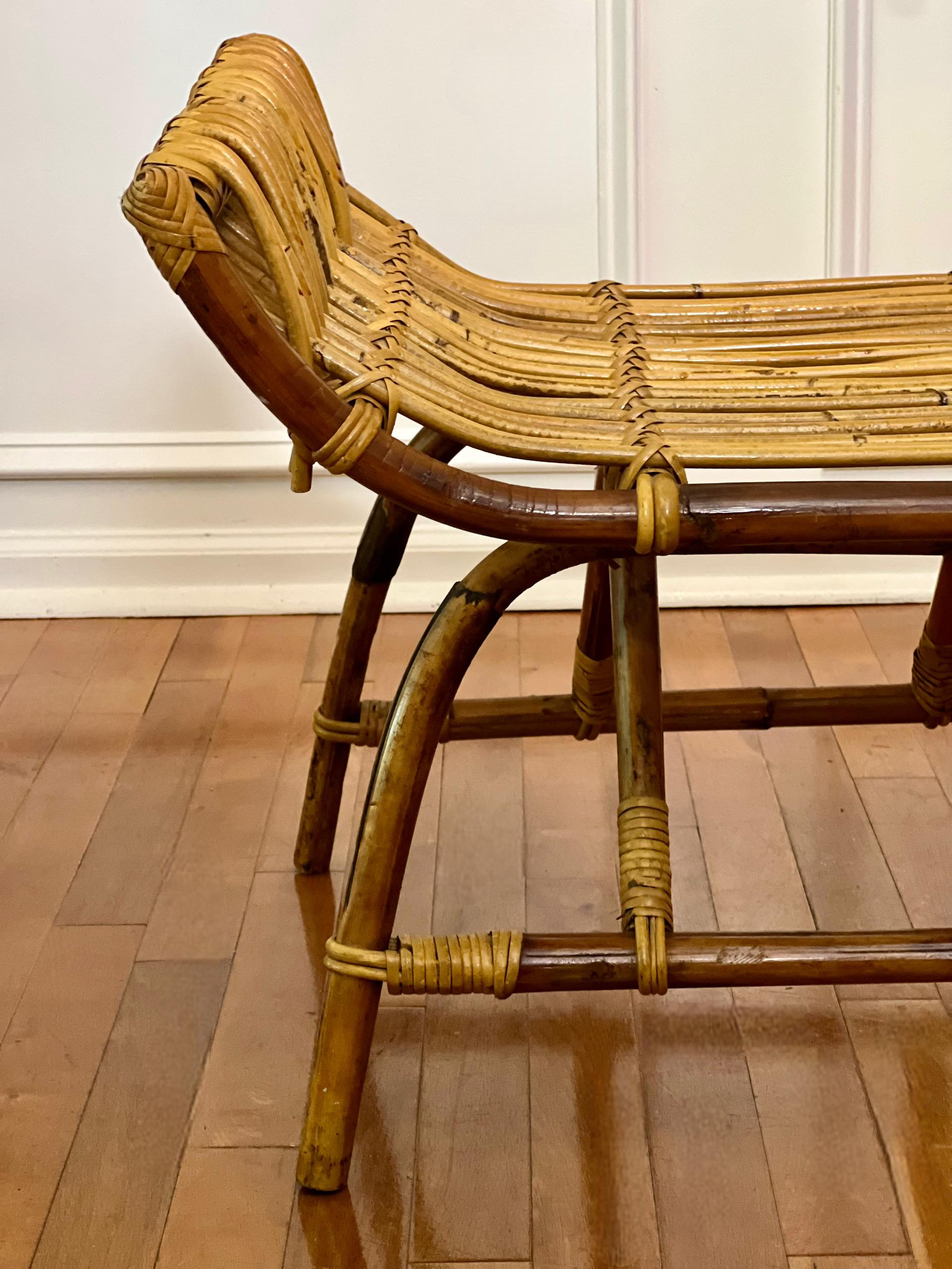 Vintage Midcentury Albini Style Bamboo and Rattan Bench For Sale 6