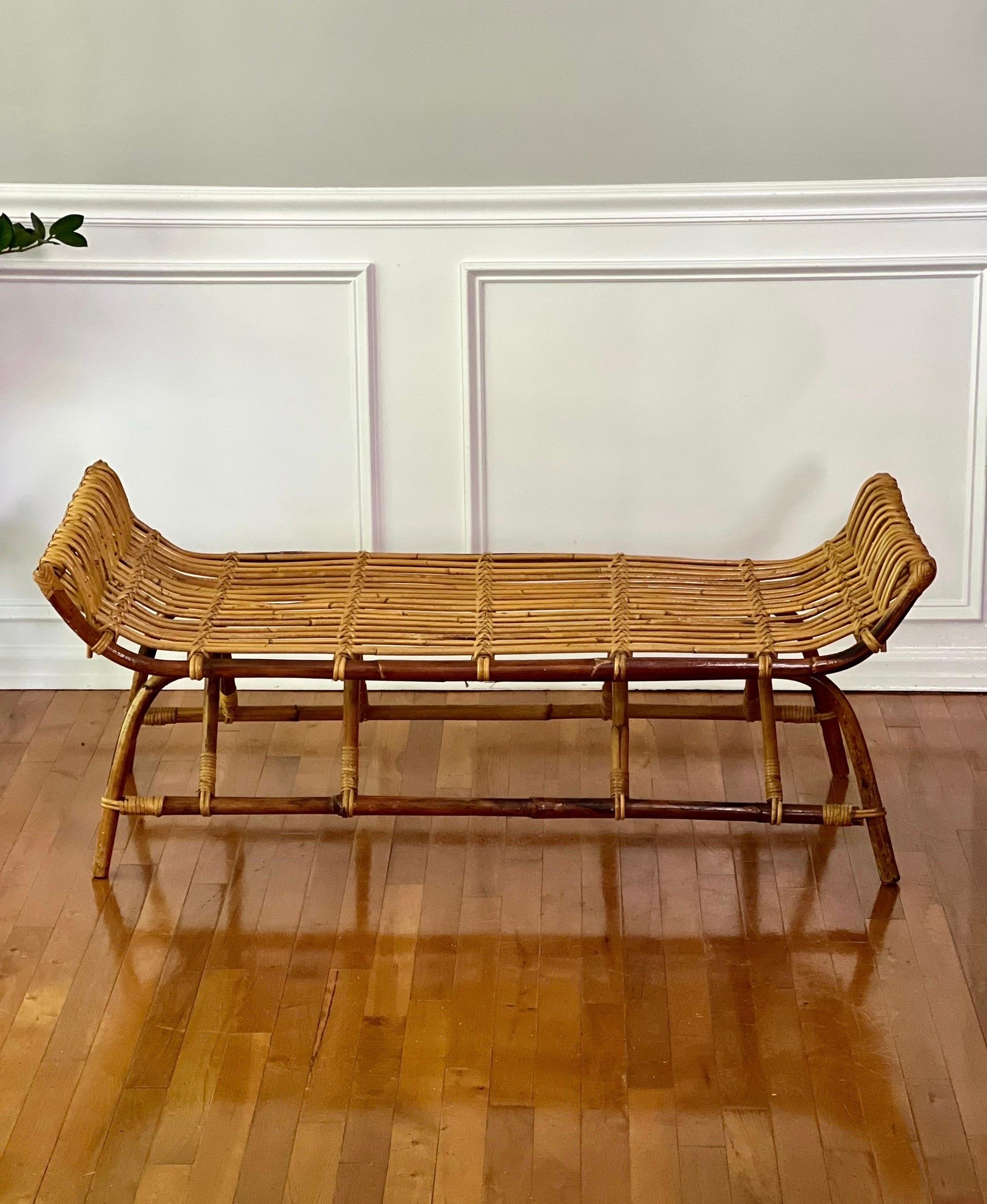 Vintage Midcentury Albini Style Bamboo and Rattan Bench For Sale 13
