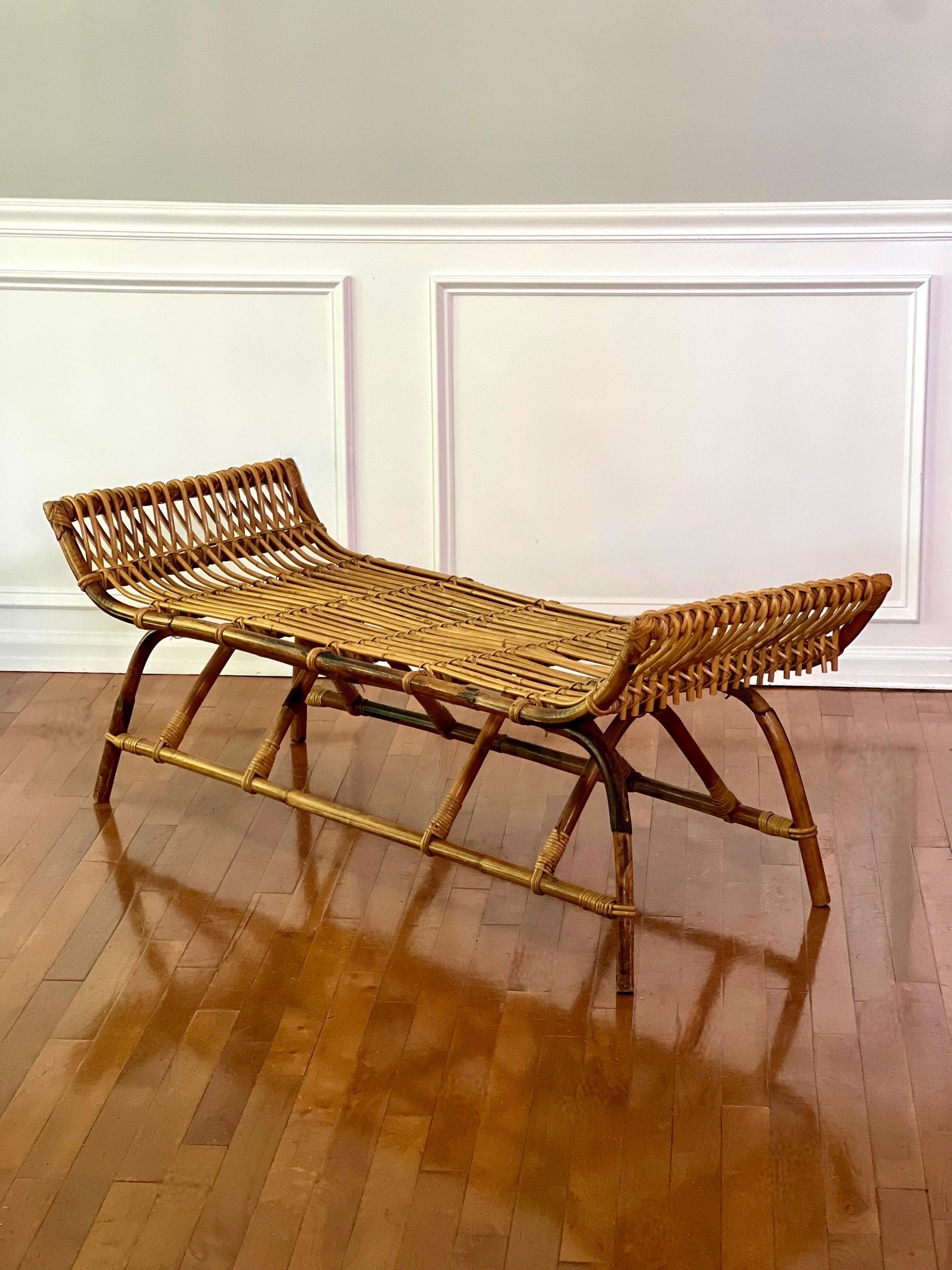 Hand-Crafted Vintage Midcentury Albini Style Bamboo and Rattan Bench For Sale