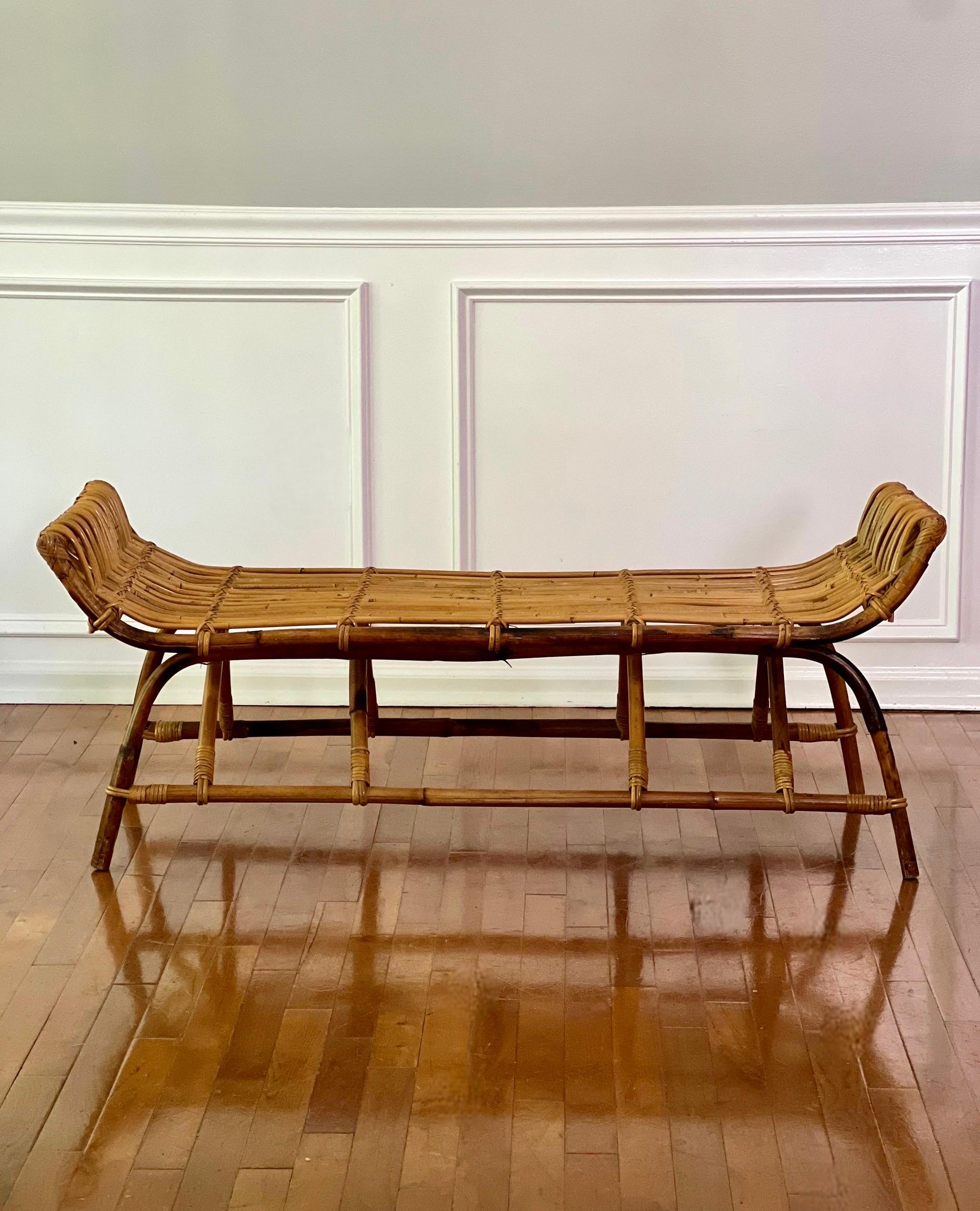 Vintage Midcentury Albini Style Bamboo and Rattan Bench In Good Condition For Sale In Doylestown, PA