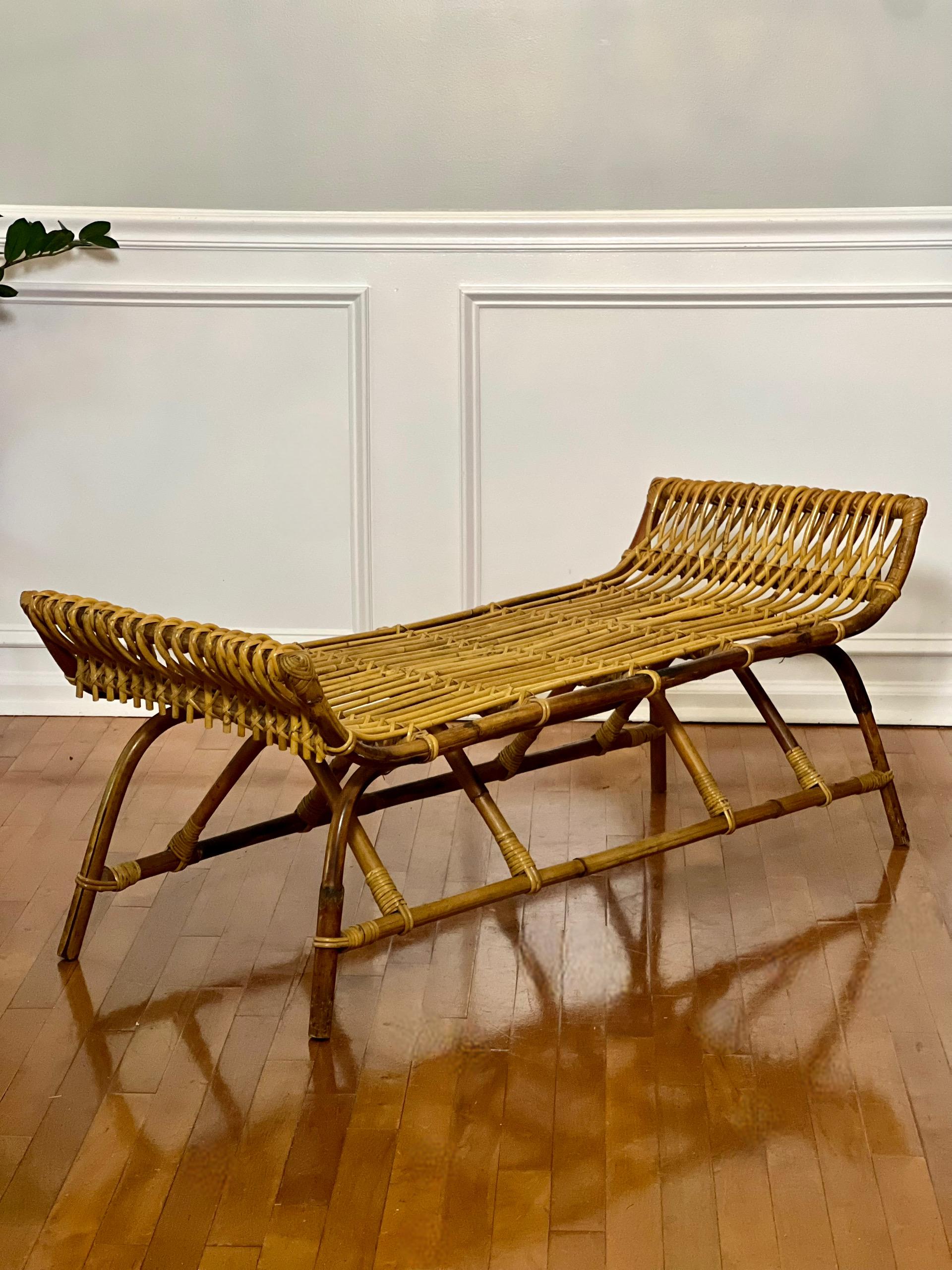 20th Century Vintage Midcentury Albini Style Bamboo and Rattan Bench For Sale