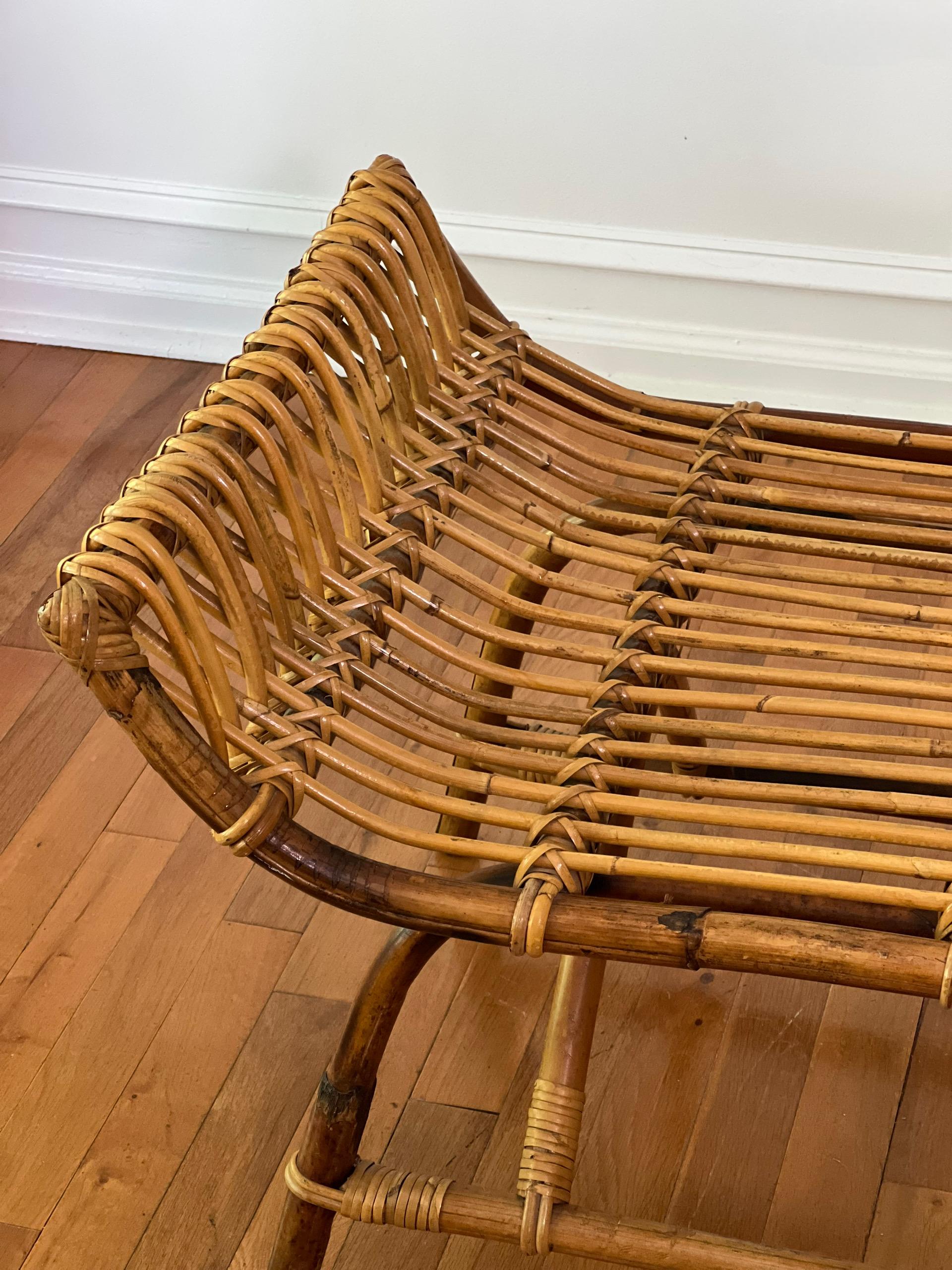 Vintage Midcentury Albini Style Bamboo and Rattan Bench For Sale 1