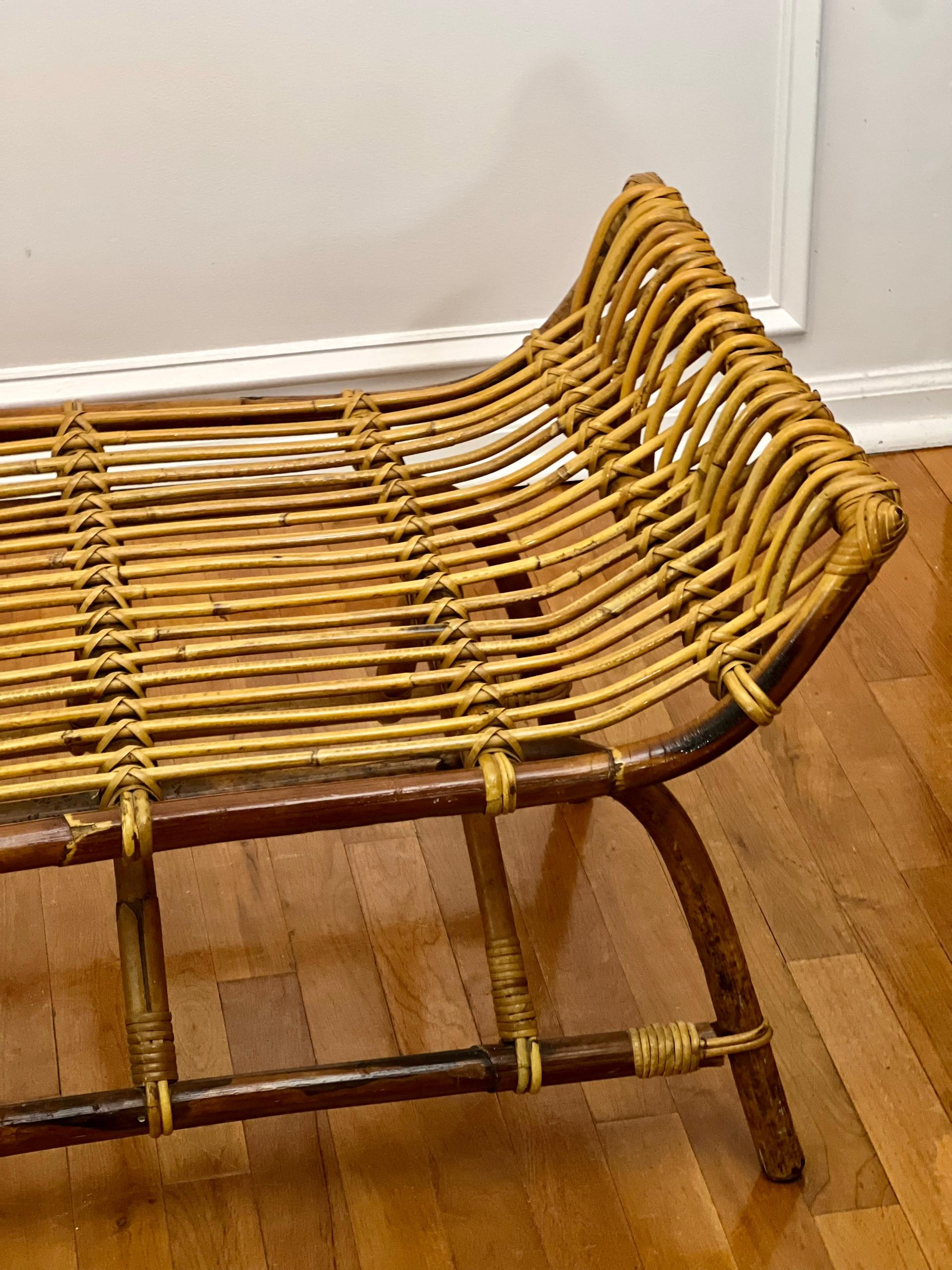 Vintage Midcentury Albini Style Bamboo and Rattan Bench For Sale 3