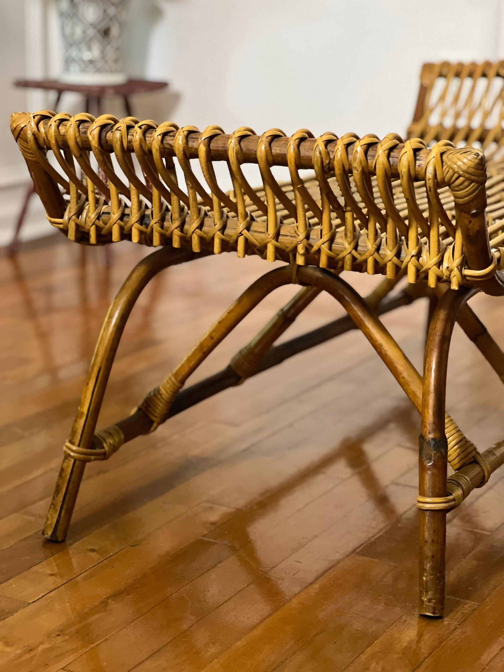 Vintage Midcentury Albini Style Bamboo and Rattan Bench For Sale 4