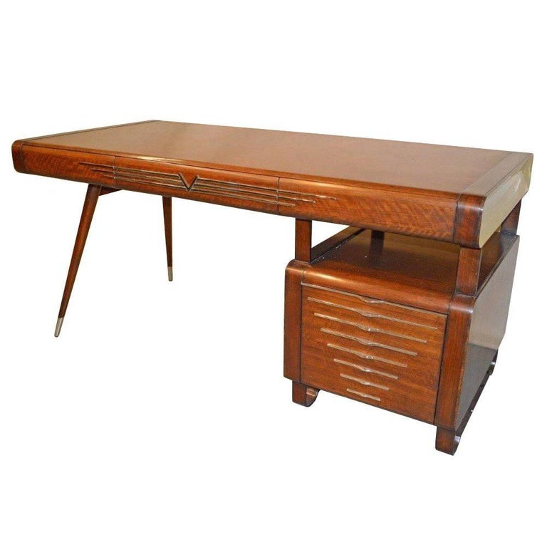 Vintage Midcentury Art Deco Italian Ponti Style Desk With Chrome Accents
