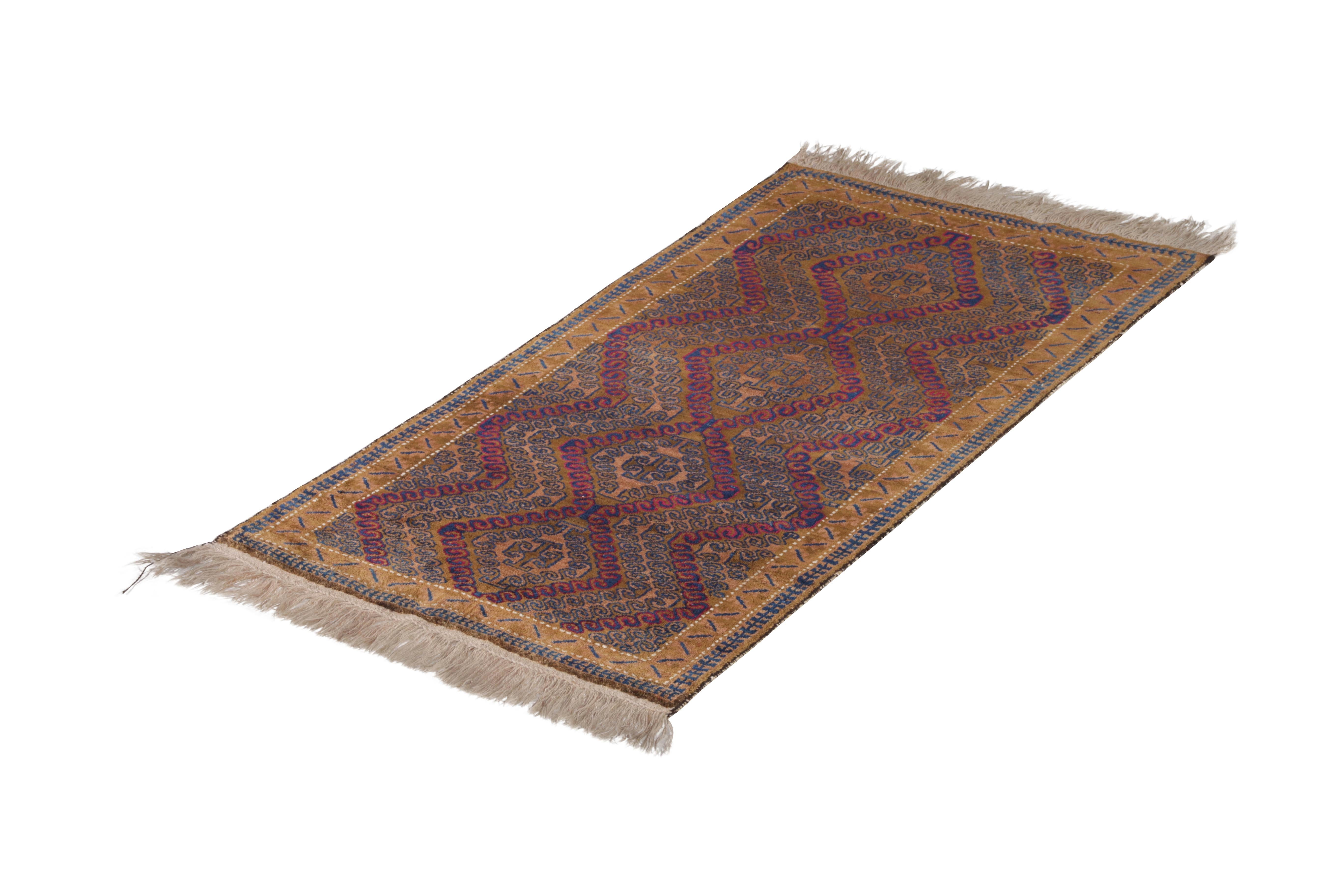 Hand knotted in wool originating between 1950-1960, this vintage Persian rug enjoys both an astutely preserved quality wool and one of the most uniquely intricate plays of geometry through color among this tribal rug collection, connoting a