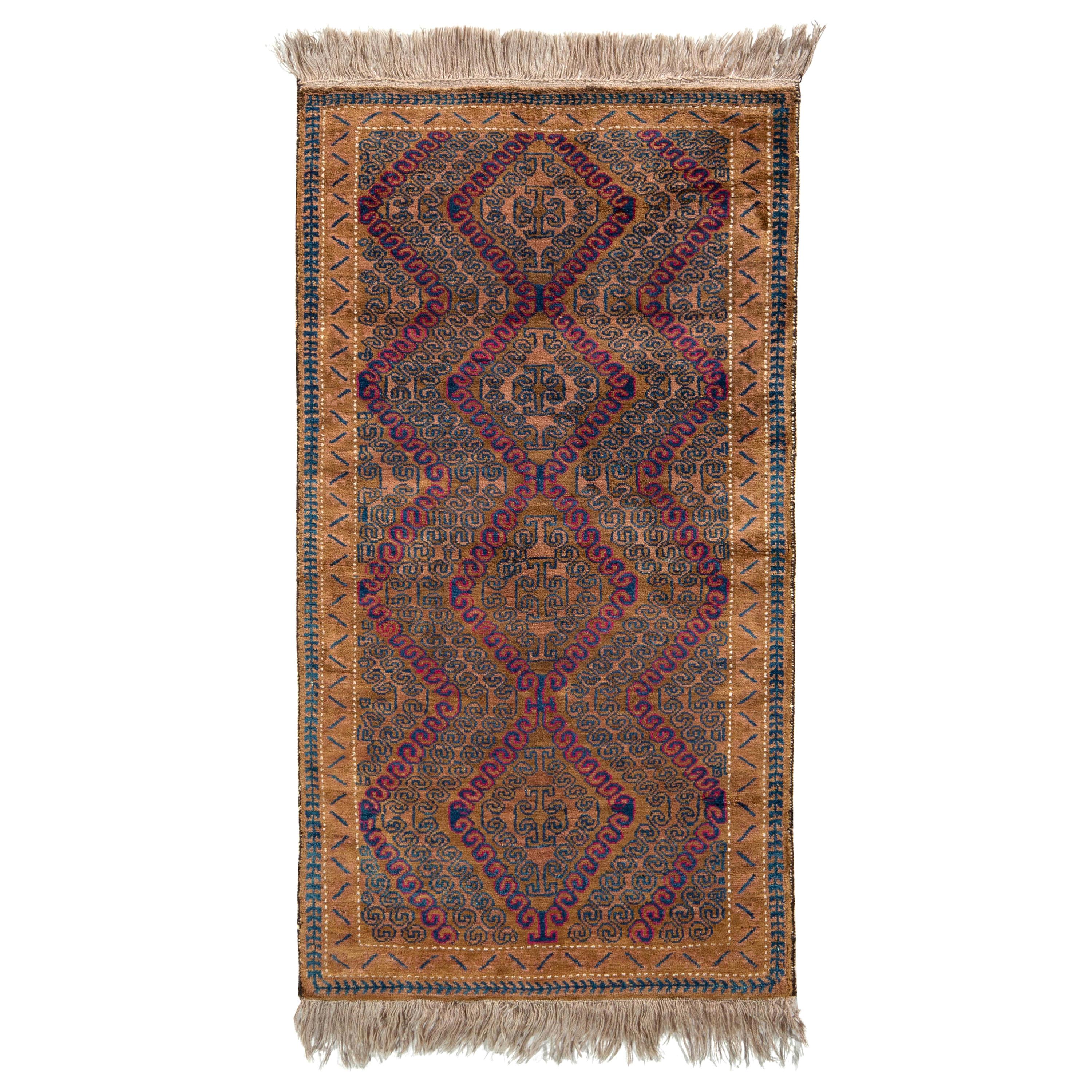 Vintage Midcentury Baluch Runner, Brown and Blue Persian Rug by Rug & Kilim For Sale