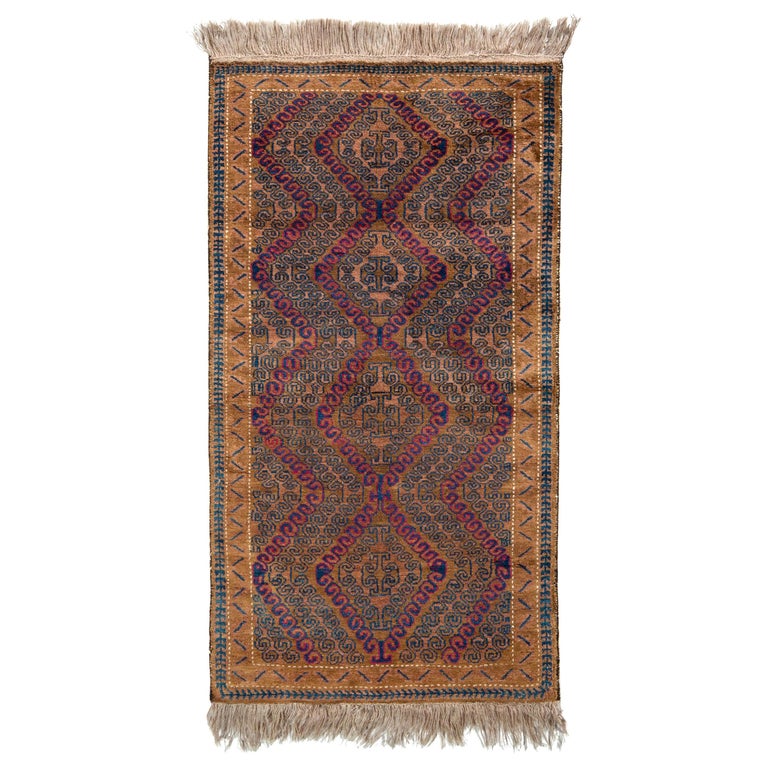 Vintage Midcentury Baluch Runner, Brown and Blue Persian Rug by Rug and Kilim For Sale at 1stDibs