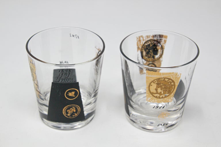 Mid-Century Modern Vintage Midcentury Barware Glasses 1960s Gold Presidential Coins For Sale