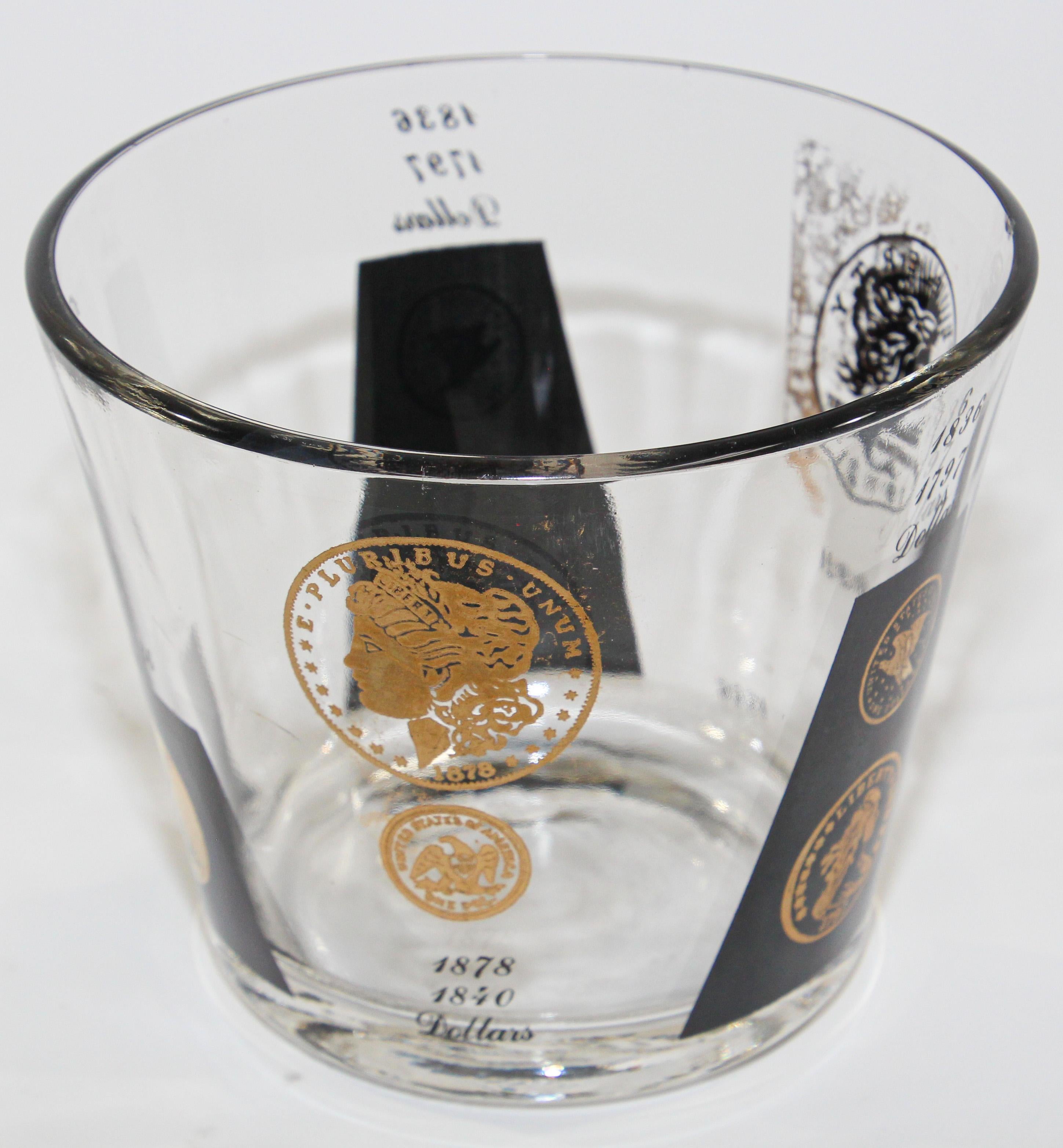Midcentury vintage Barware Ice Bucket 1960s gold printed presidential coins.
Cera 22-karat gold signed glassware barware. 
Gold and black coin design.
The glasses feature 