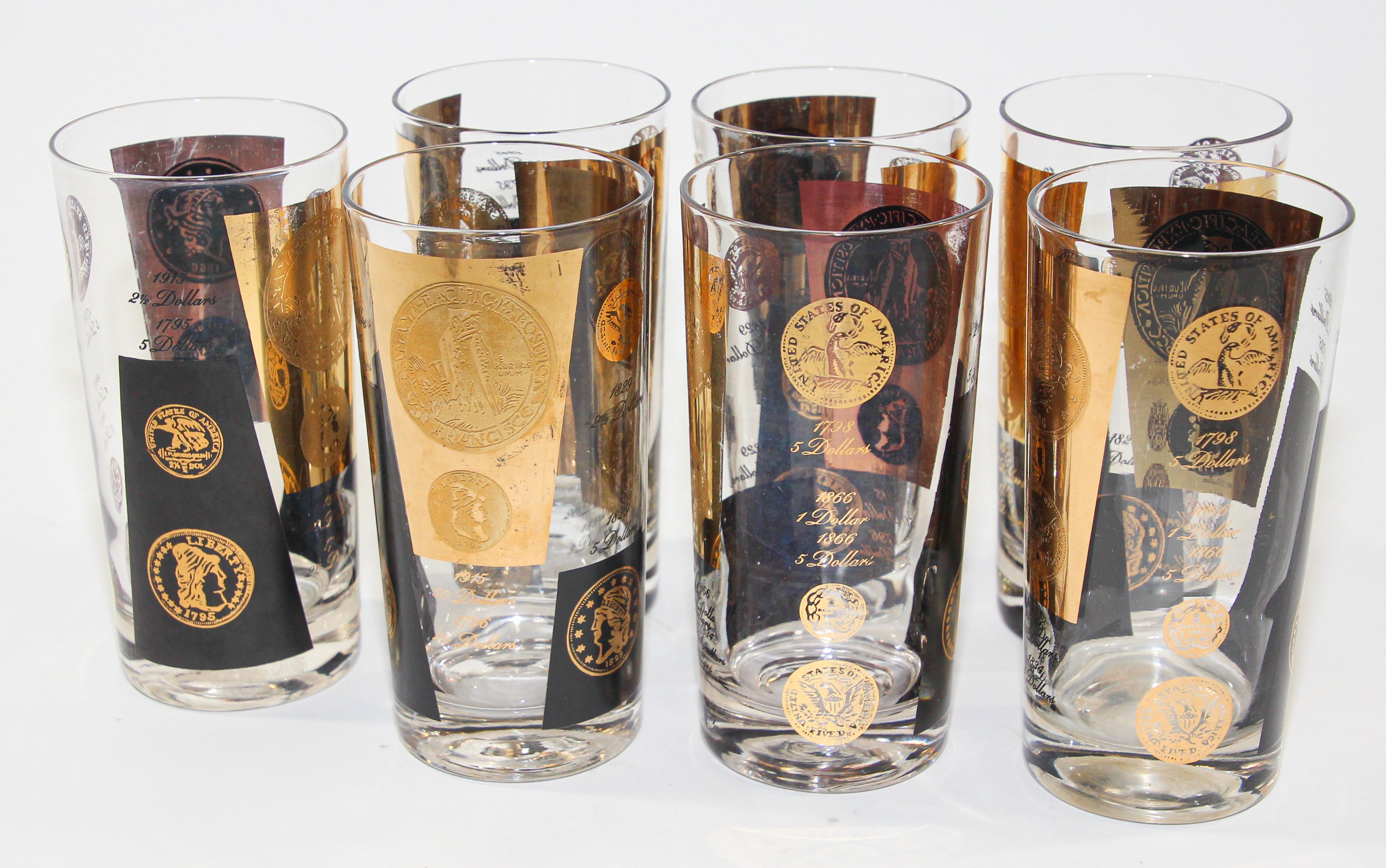 Vintage Midcentury Barware Vasos Rocks 1960s Oro Monedas Presidenciales Moderno de mediados de siglo en venta