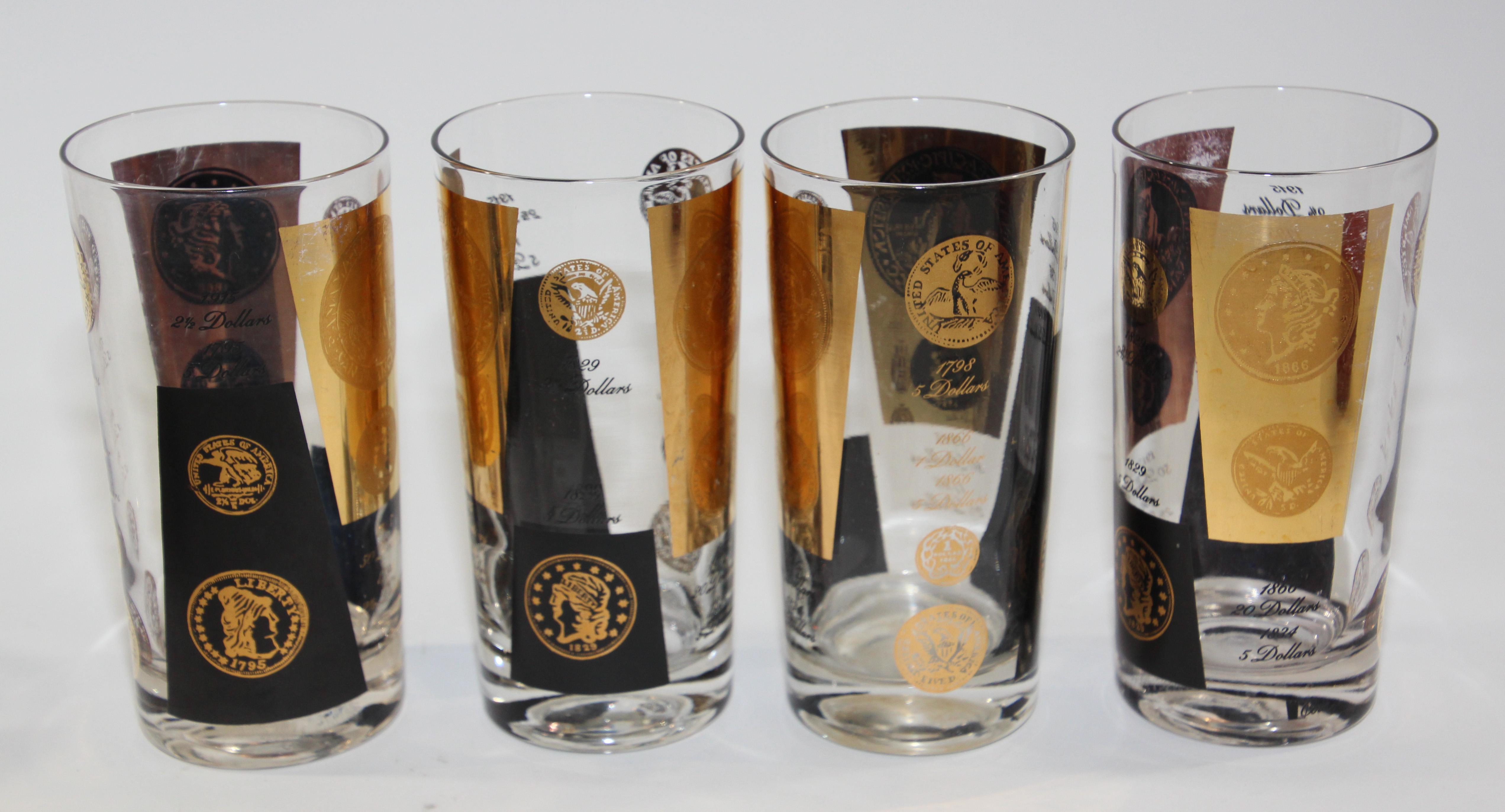Vintage Midcentury Barware Vasos Rocks 1960s Oro Monedas Presidenciales en Bastante bueno estado para la venta en North Hollywood, CA