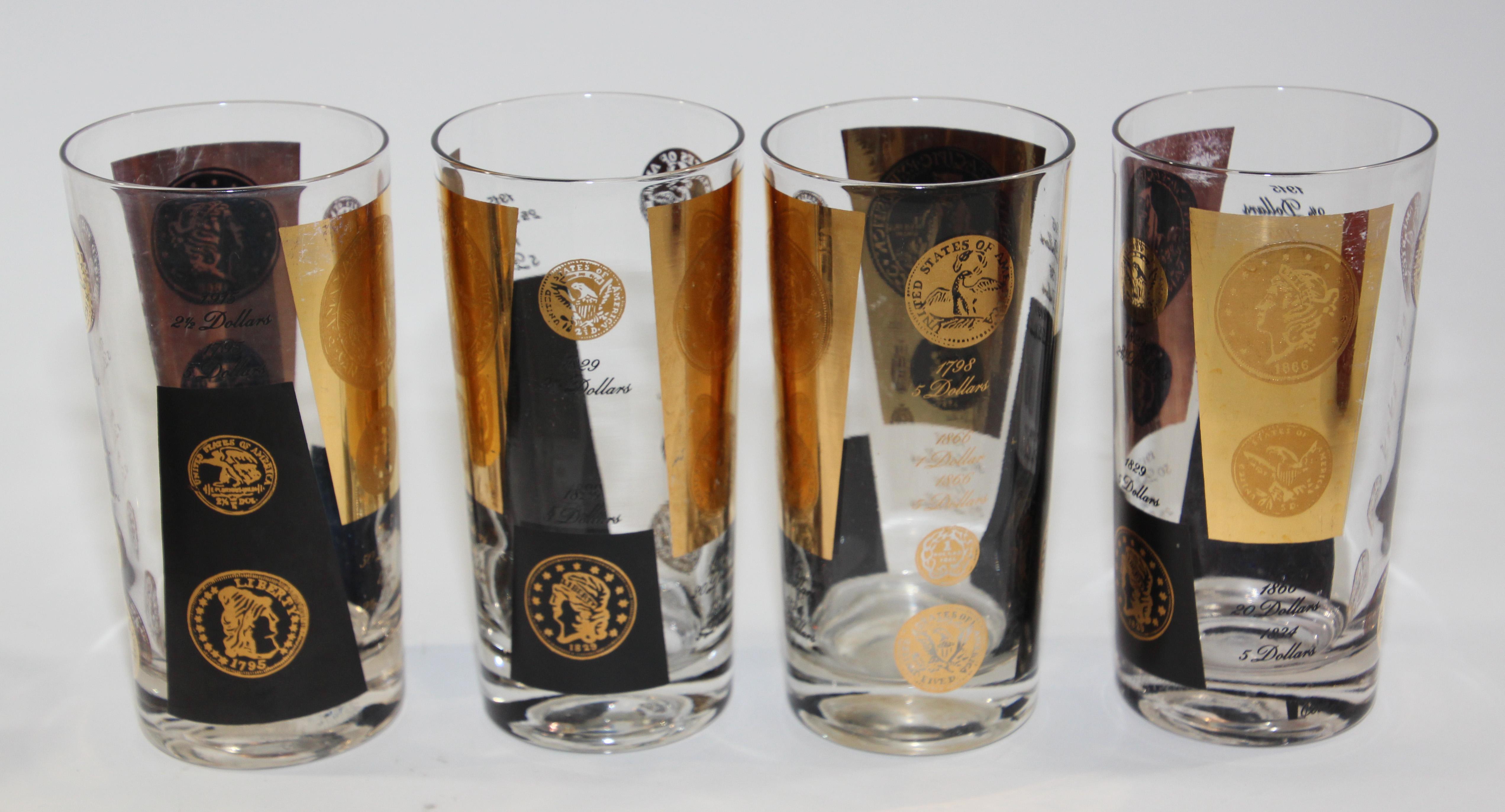 Mid-Century Modern Vintage Midcentury Barware Rocks Glasses 1960s Gold Presidential Coins For Sale