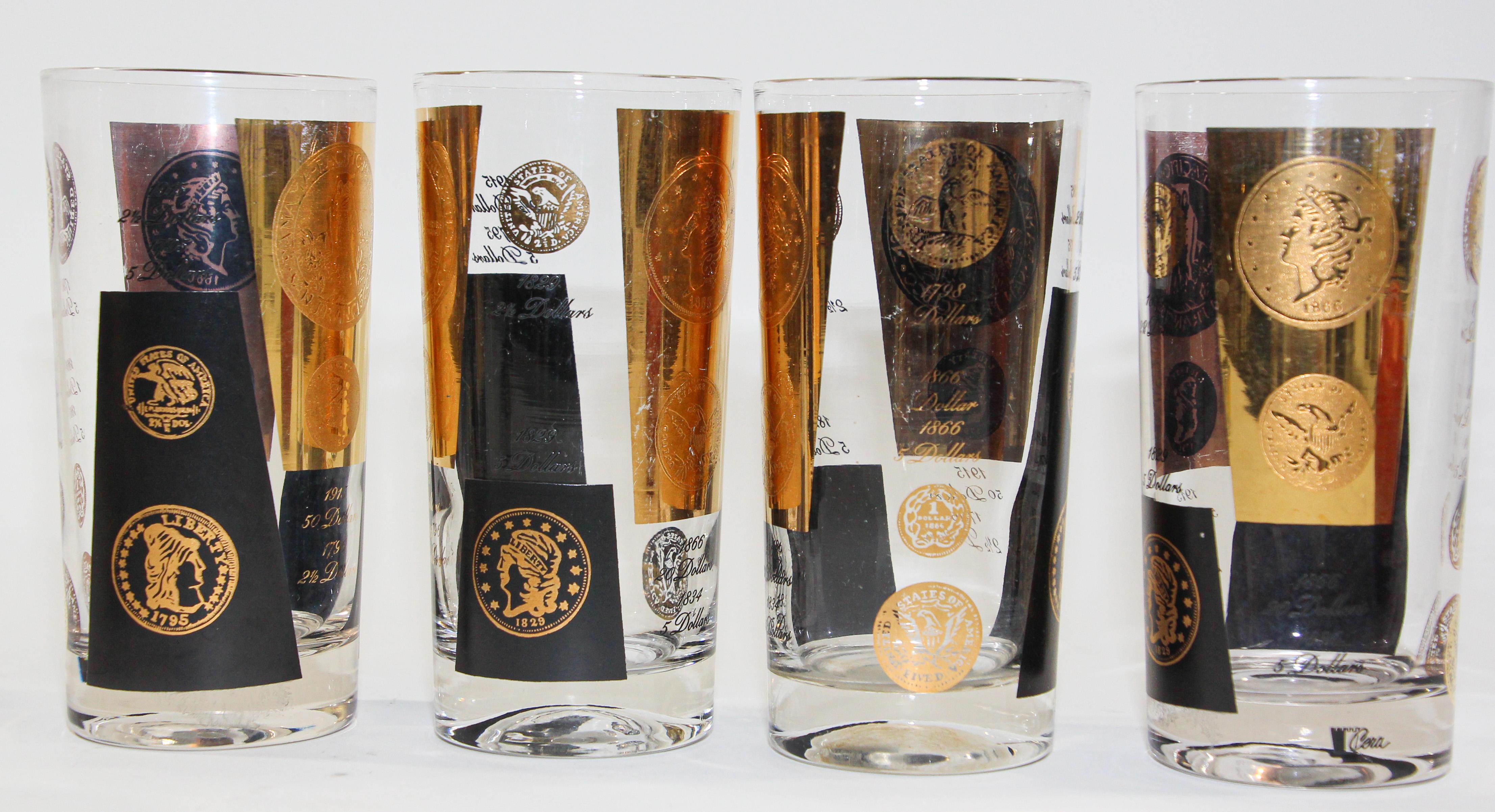 Vintage Midcentury Barware Vasos Rocks 1960s Oro Monedas Presidenciales siglo XX en venta