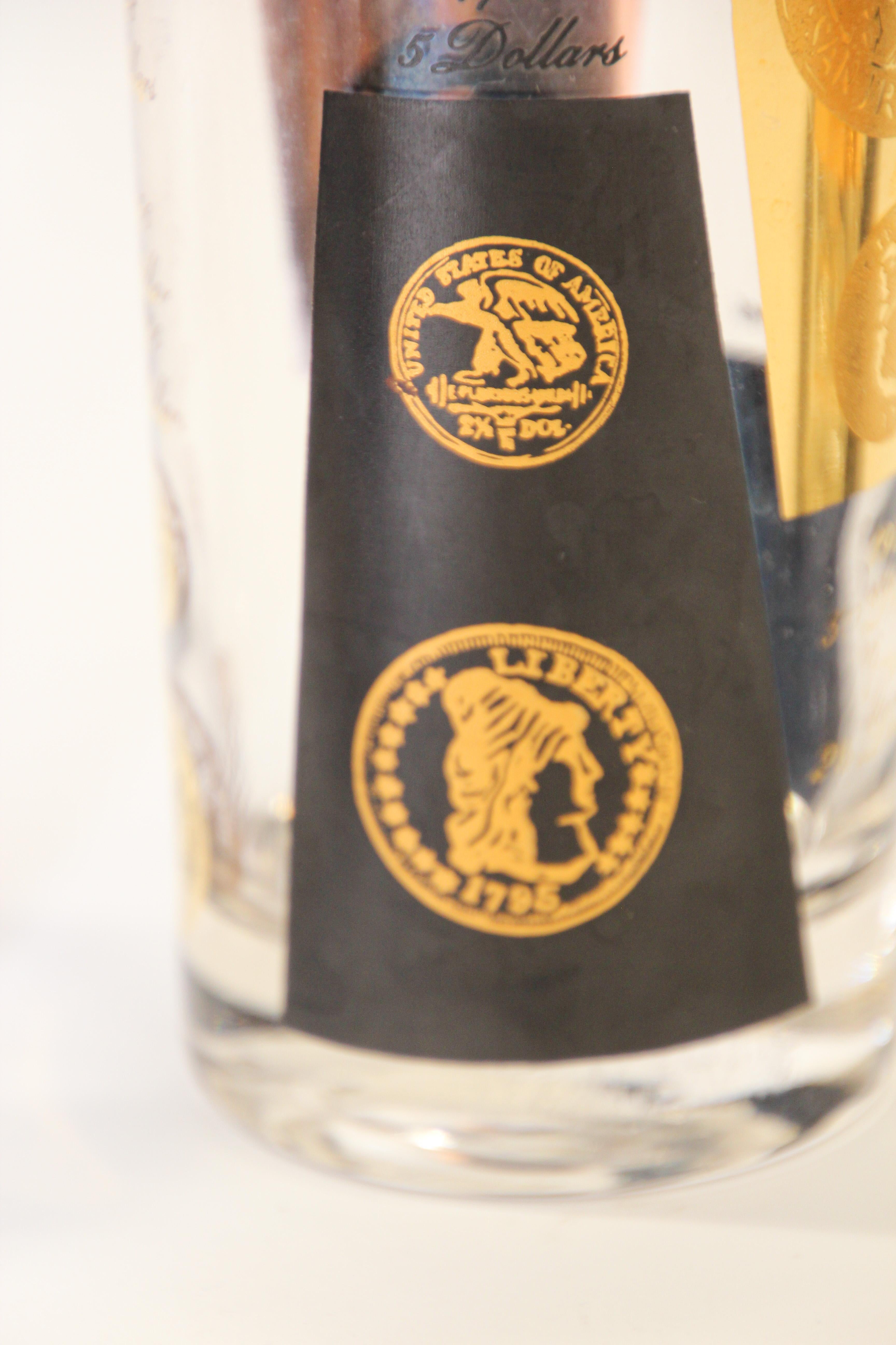 Vintage Midcentury Barware Vasos Rocks 1960s Oro Monedas Presidenciales Vidrio en venta