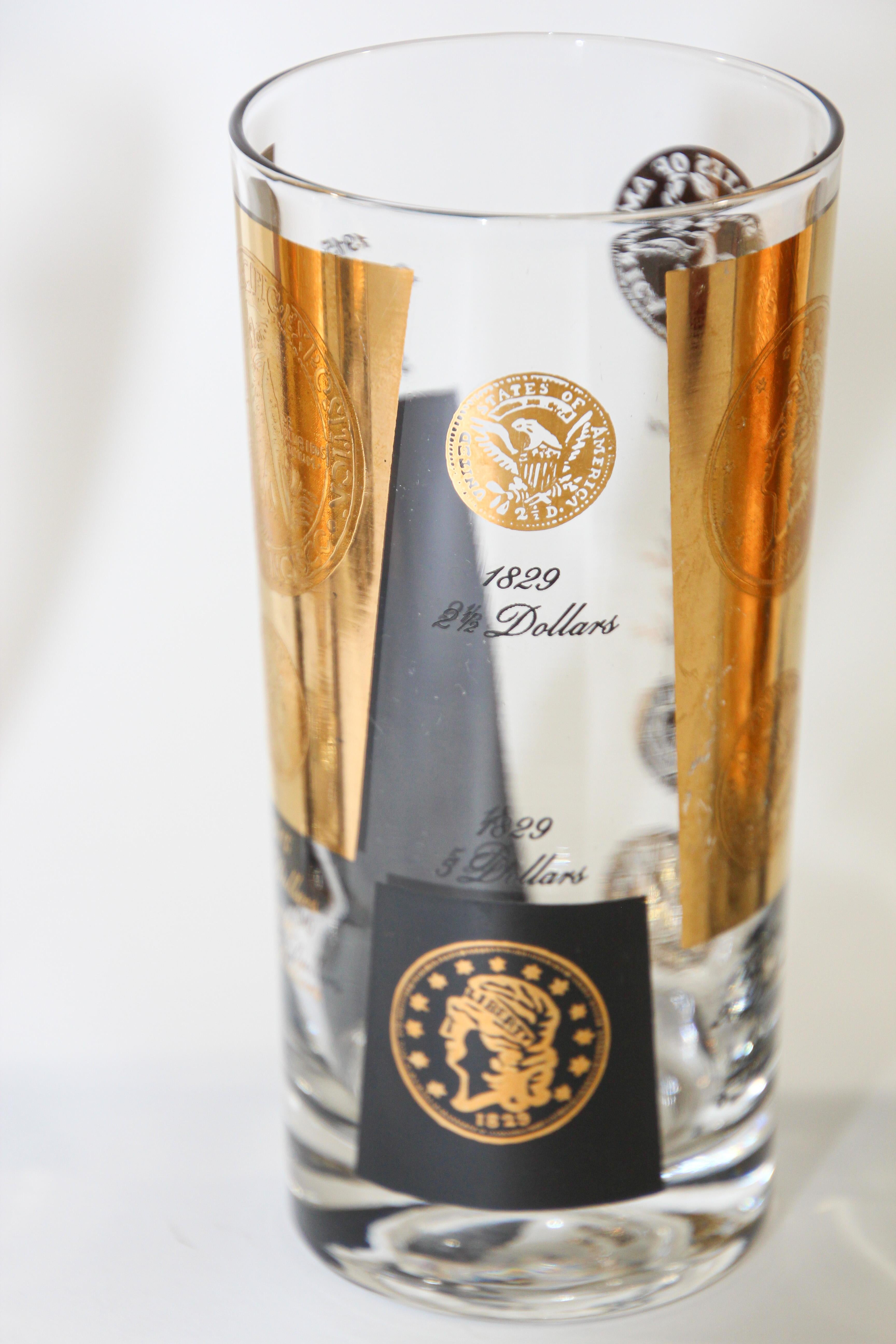 Vintage Midcentury Barware Vasos Rocks 1960s Oro Monedas Presidenciales en venta 1
