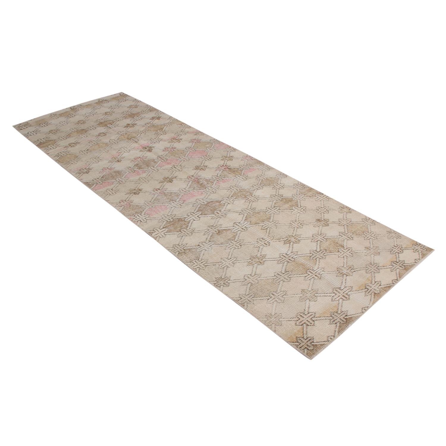 Art Deco Vintage Midcentury Beige and Brown Wool Rug with Pink Accents by Rug & Kilim