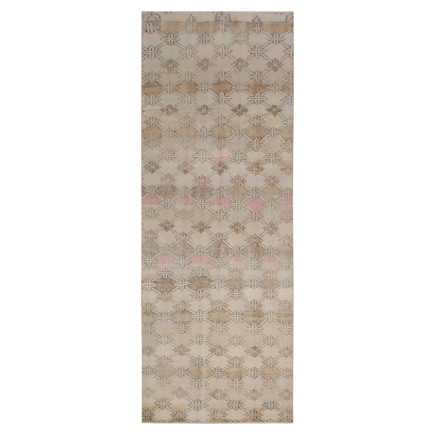 Vintage Midcentury Beige and Brown Wool Rug with Pink Accents
