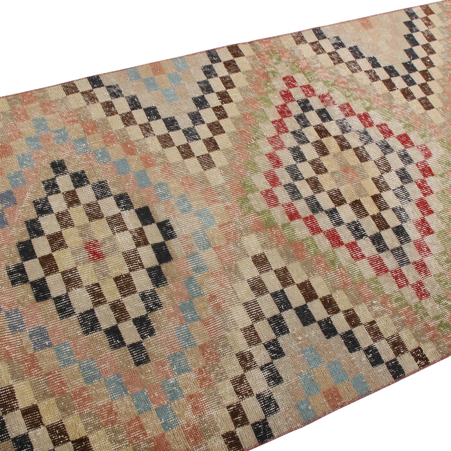 Turkish Vintage Midcentury Beige and Pastel Wool Rug with Diamond Pattern by Rug & Kilim For Sale