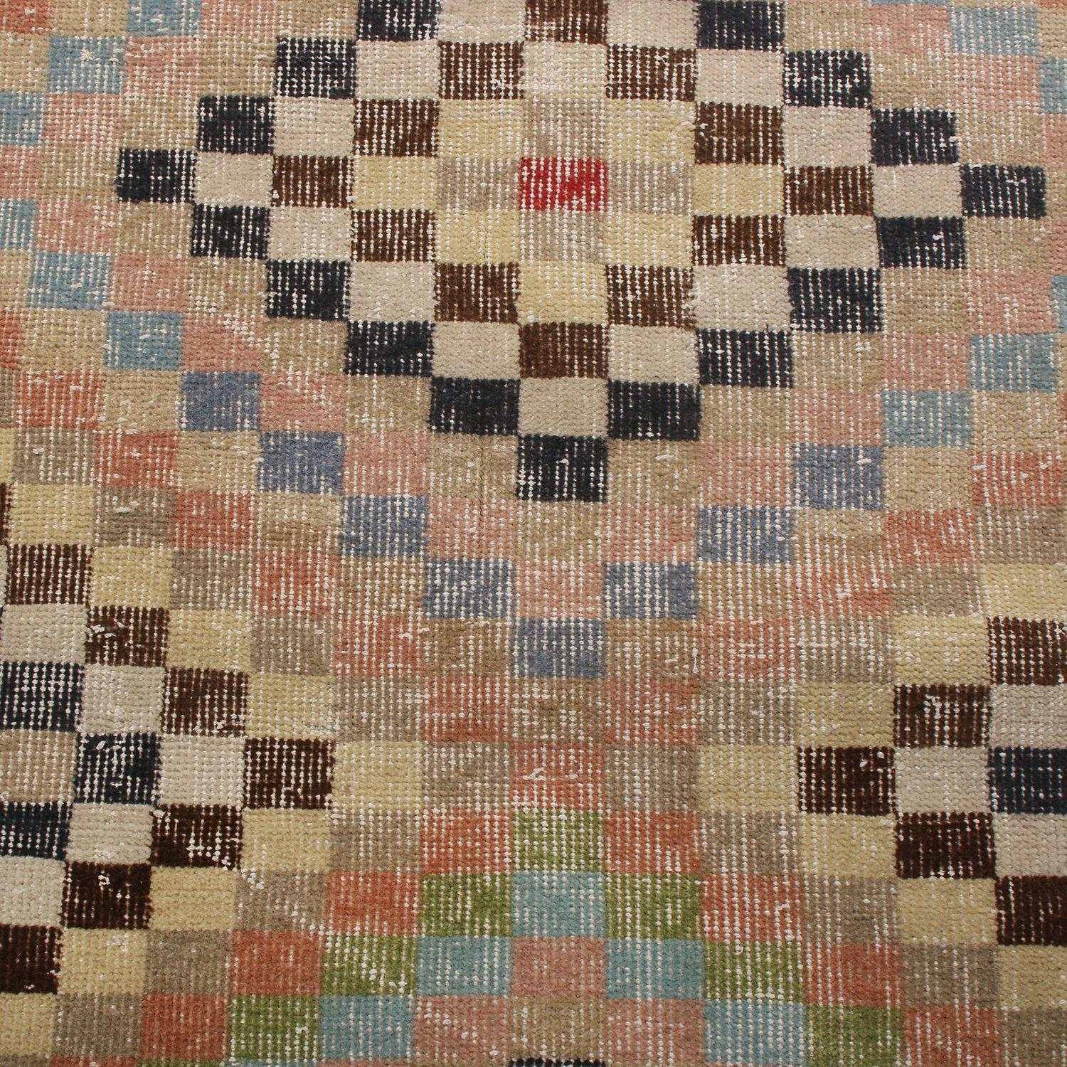 Hand-Knotted Vintage Midcentury Beige and Pastel Wool Rug with Diamond Pattern by Rug & Kilim For Sale