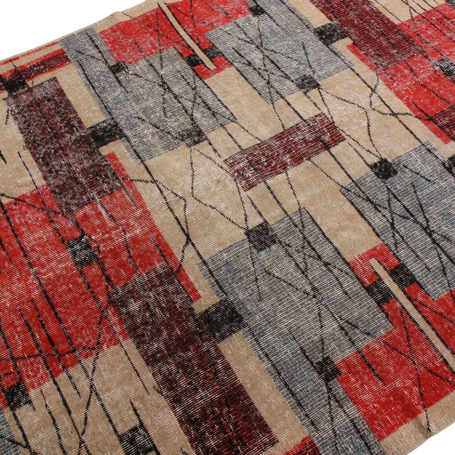 Hand-Knotted Vintage Midcentury Beige Blue and Red Geometric Wool Rug