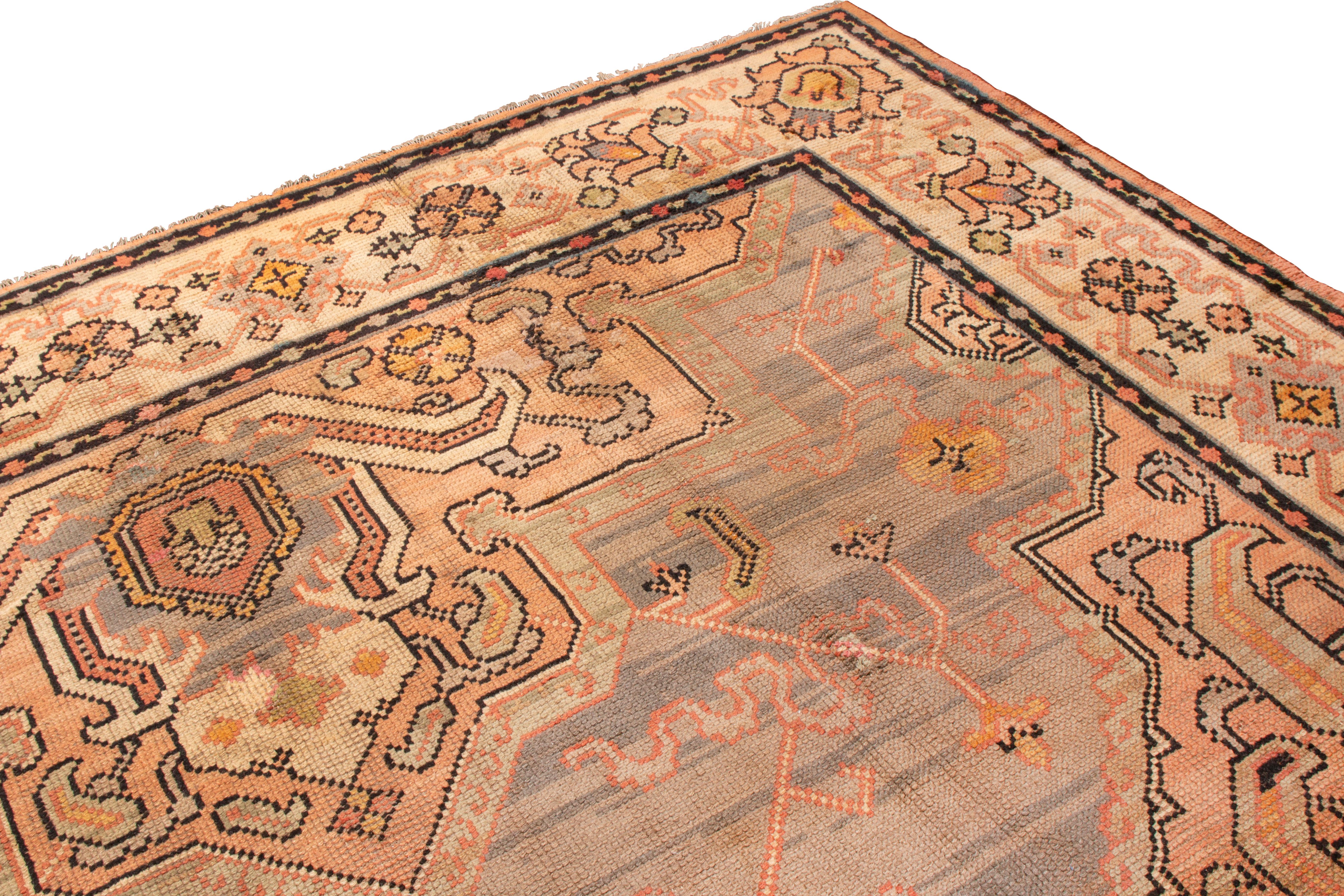 This is a traditional medallion rug that is timeless and charming. The ornate medallion is the center of attention in a muted palette of blue, orange, gold, cream and black. The continuous border creates a beautiful flow. Hand knotted in fine wool.