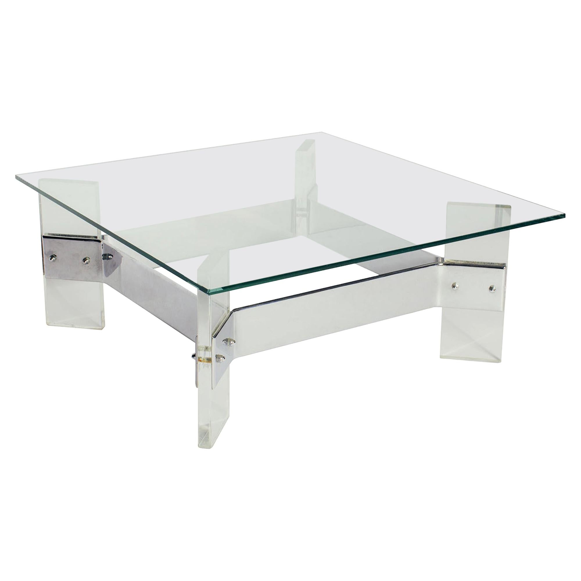 Mesa baja belga vintage de acero luciteado de mediados de siglo con tapa de cristal