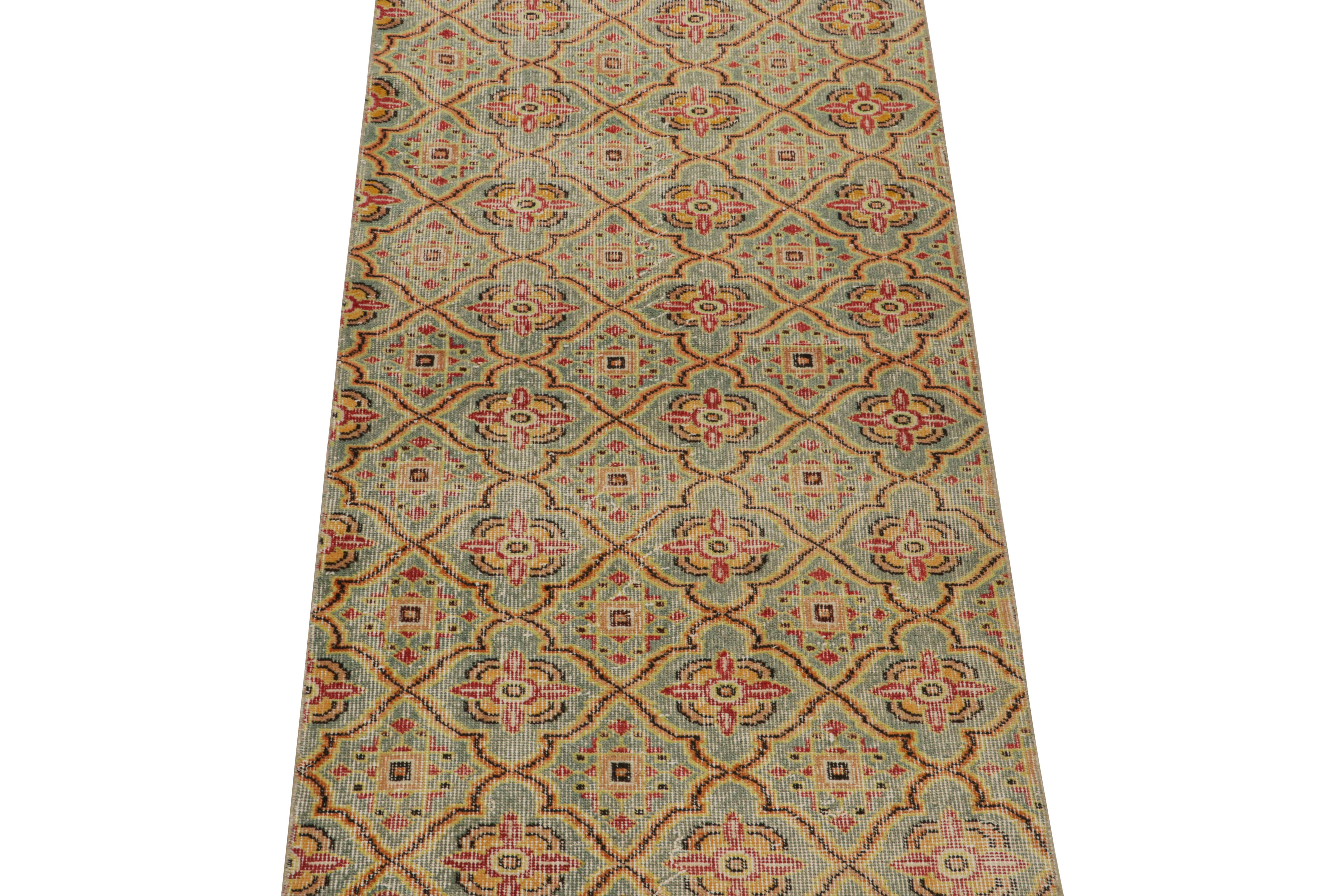Turkish Vintage Zeki Müren Runner Rug in Teal with Trellis Pattern, from Rug & Kilim For Sale