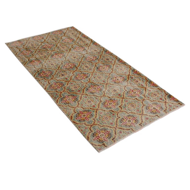 Vintage Midcentury Blue and GoldYellow Geometric Wool Rug Red by Rug