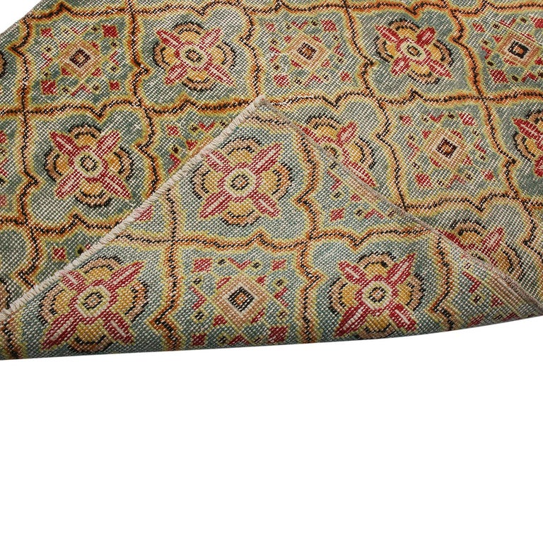 Mid-20th Century Vintage Midcentury Blue and Gold-Yellow Geometric Wool Rug with Red and Black For Sale