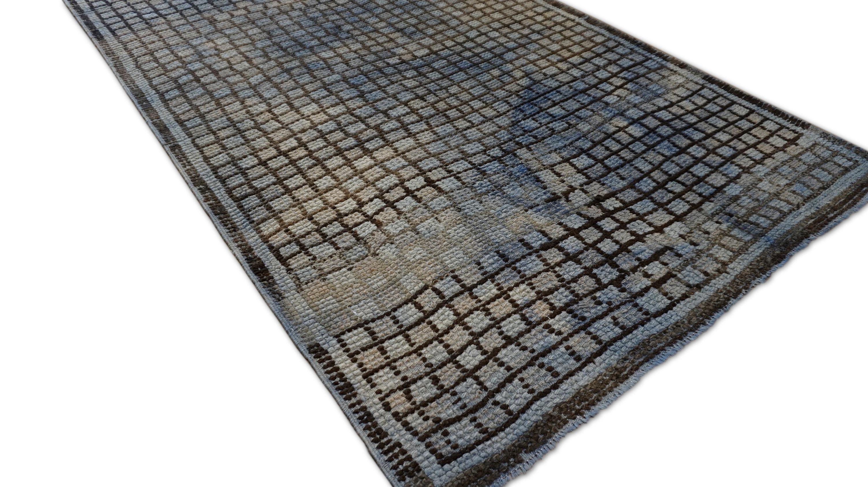Hand-Knotted Vintage Midcentury Blue Green Brown  Wool Rug 5'3''x10'7'' For Sale