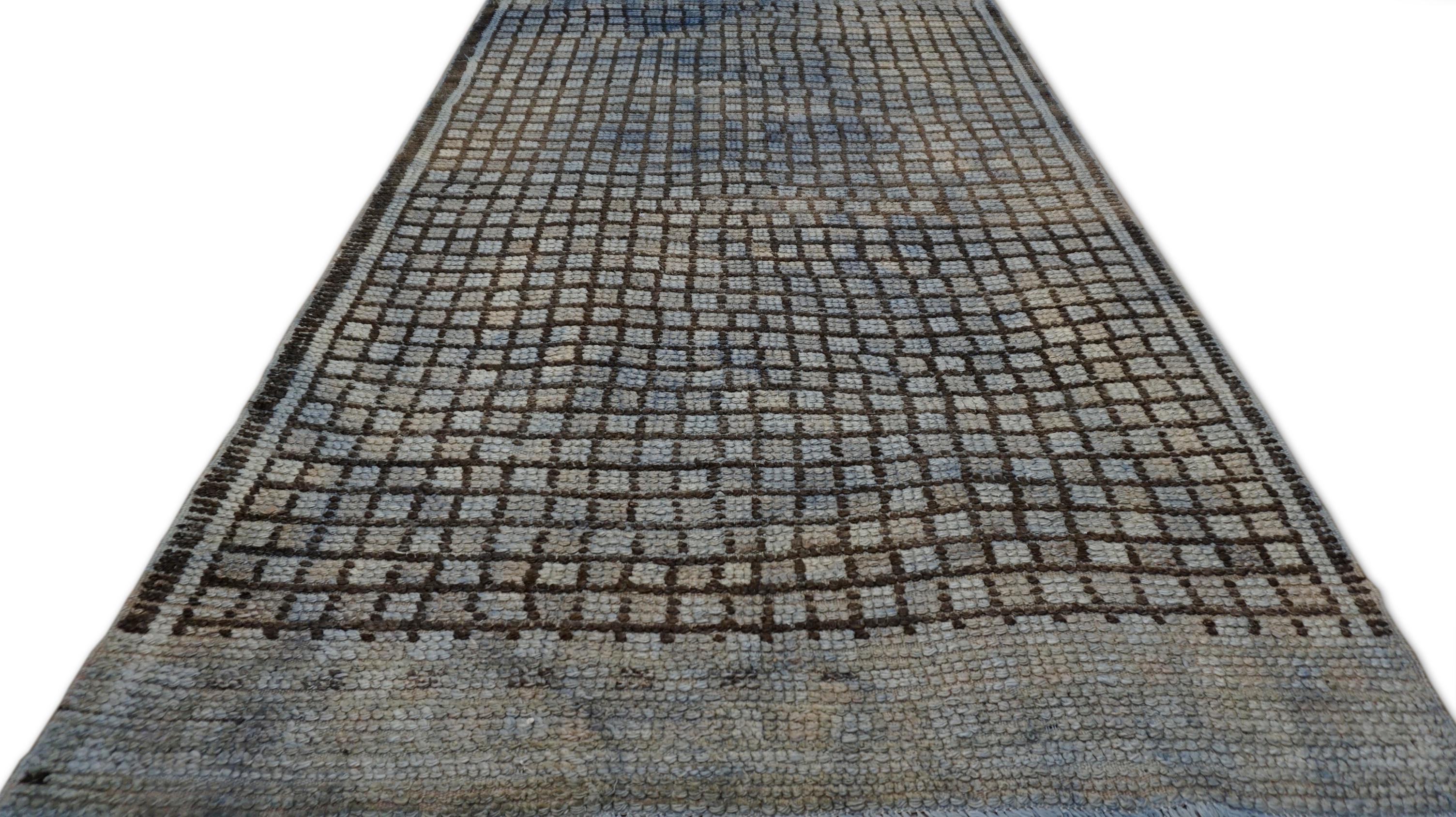 Vintage Midcentury Blue Green Brown  Wool Rug 5'3''x10'7'' In Good Condition For Sale In Torrance, CA