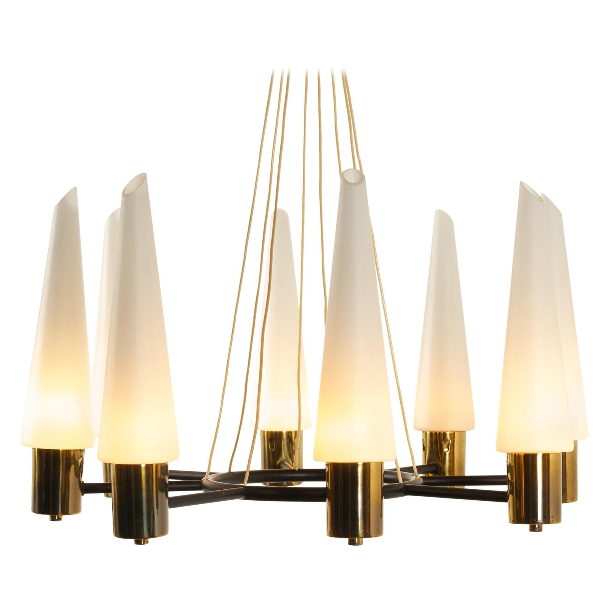 Vintage Midcentury Brass Chandelier with Opal Glass Shades, 1960s For Sale