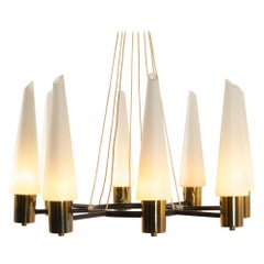 Retro Midcentury Brass Chandelier with Opal Glass Shades, 1960s