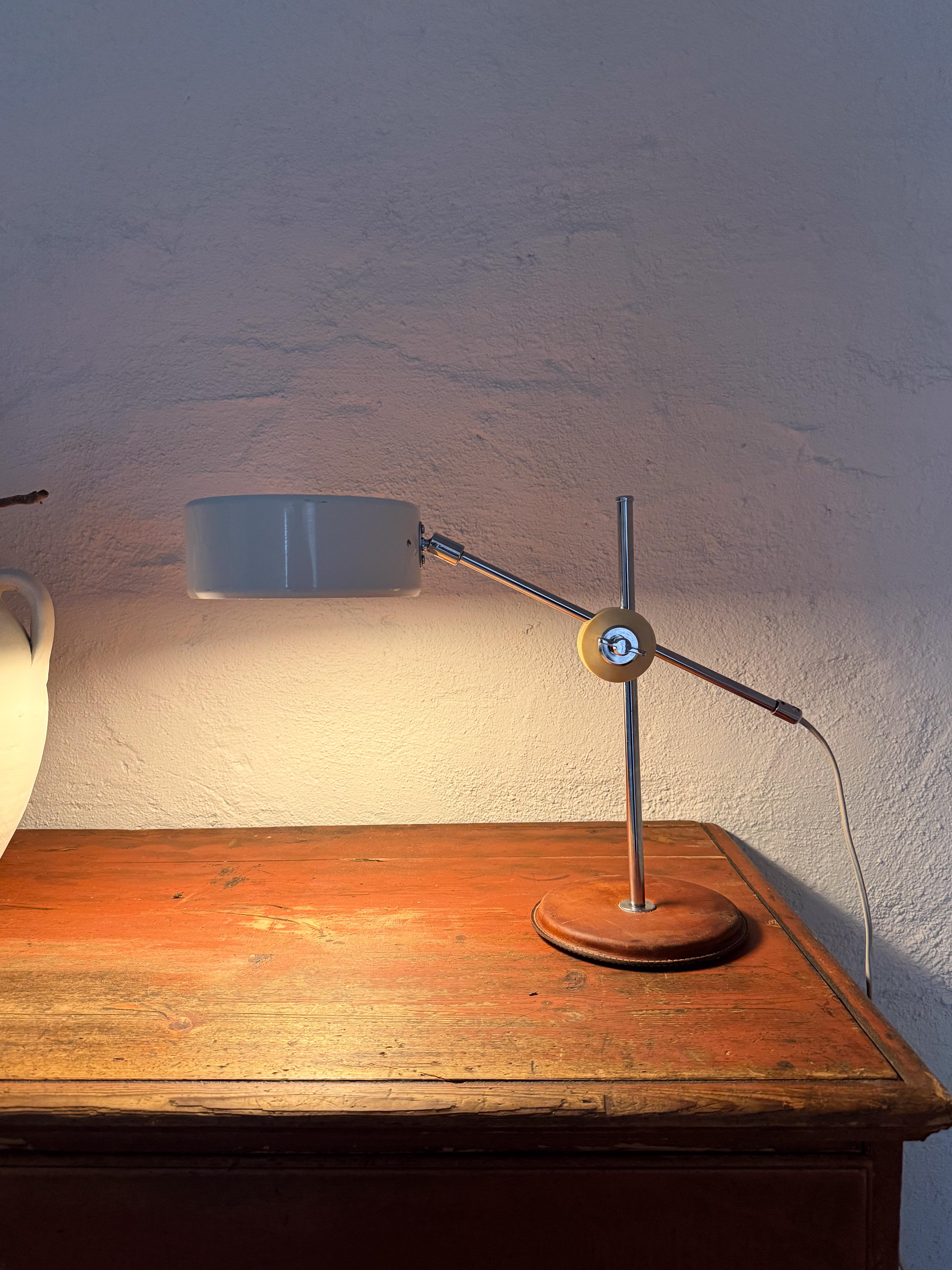 Mid-Century Modern Vintage Midcentury brown Leather Chrome Atelje Lyktan Desk Lamp, Sweden For Sale