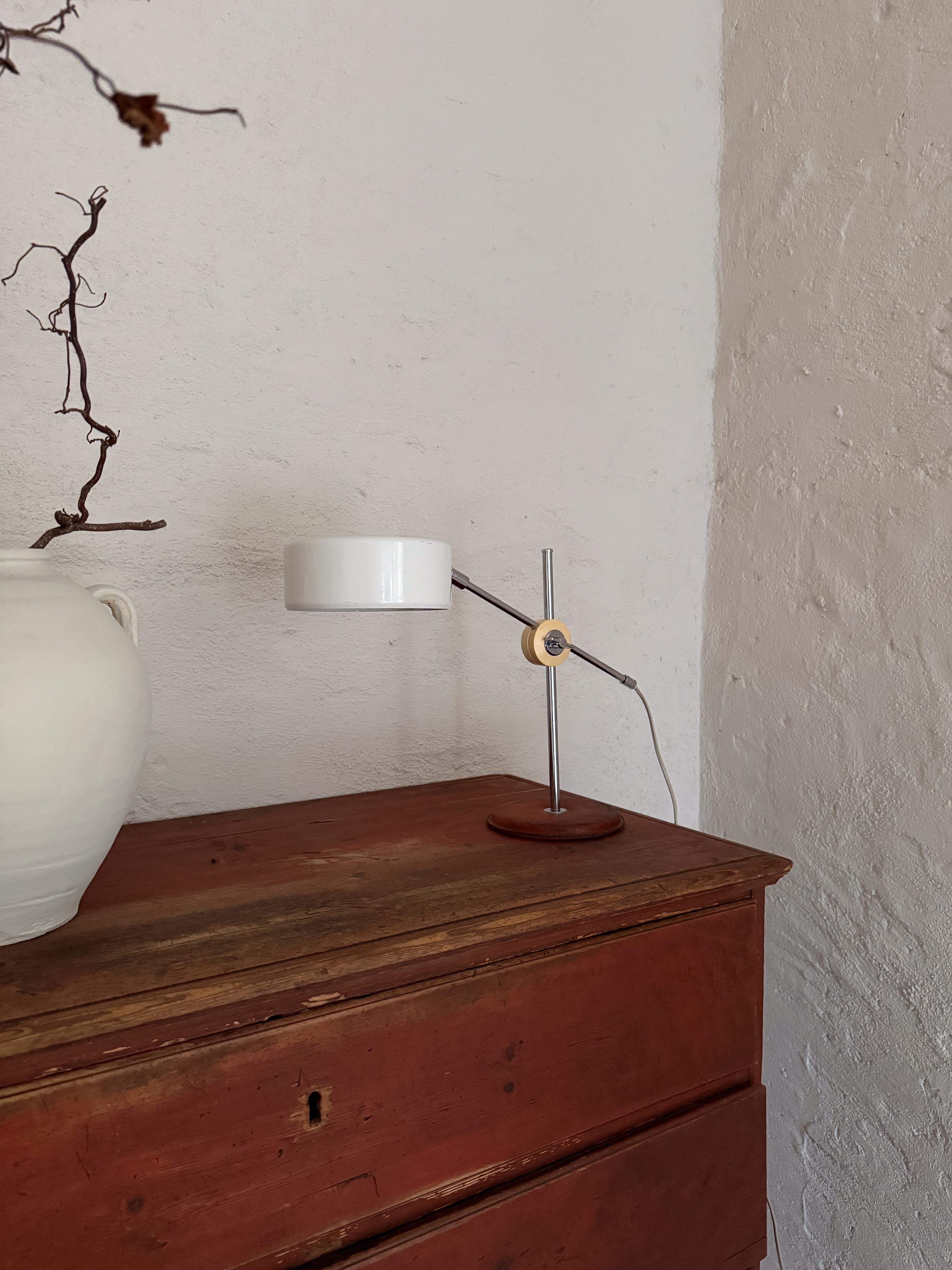 Late 20th Century Vintage Midcentury brown Leather Chrome Atelje Lyktan Desk Lamp, Sweden For Sale