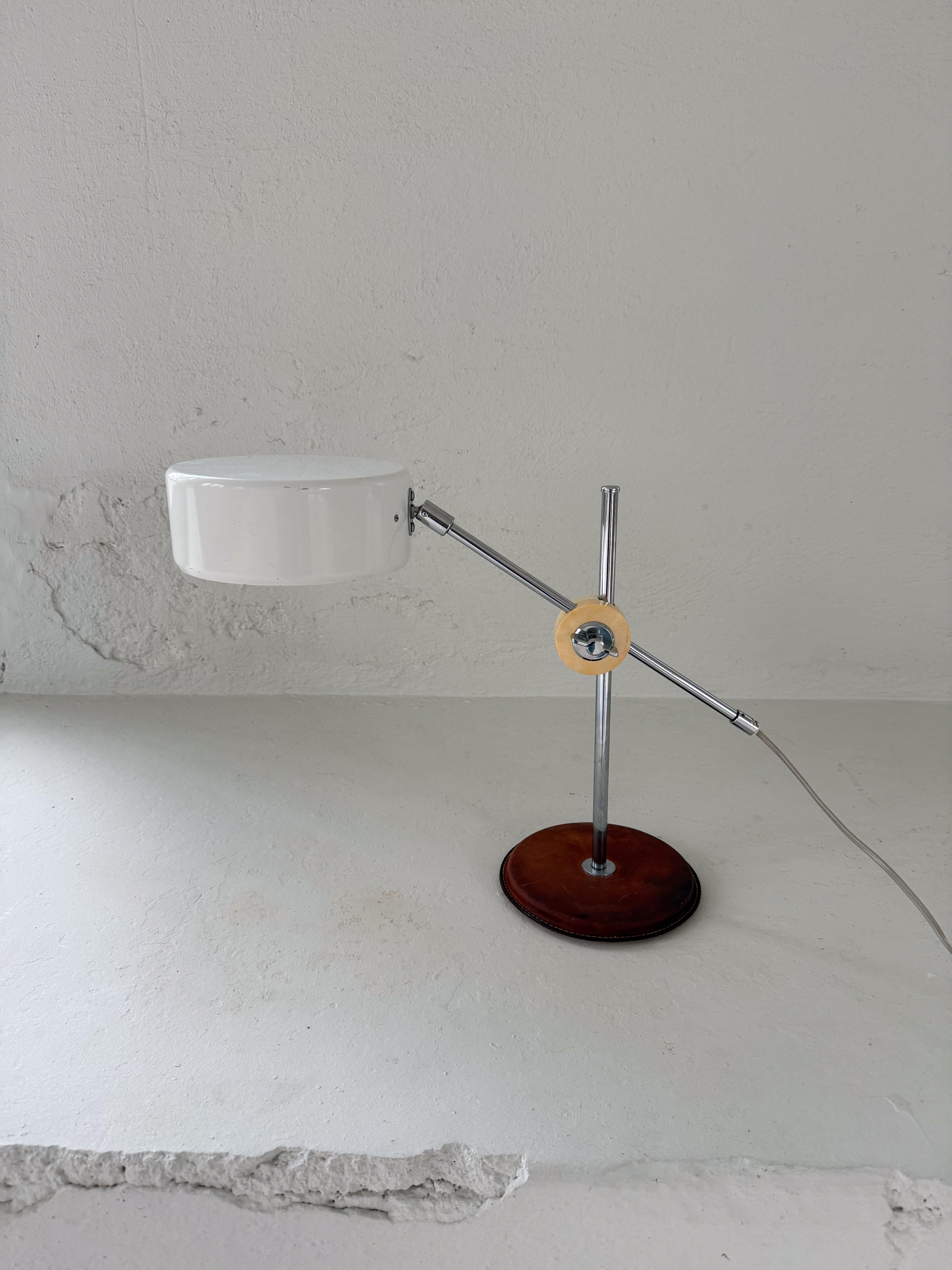 Vintage Midcentury brown Leather Chrome Atelje Lyktan Desk Lamp, Sweden For Sale 1