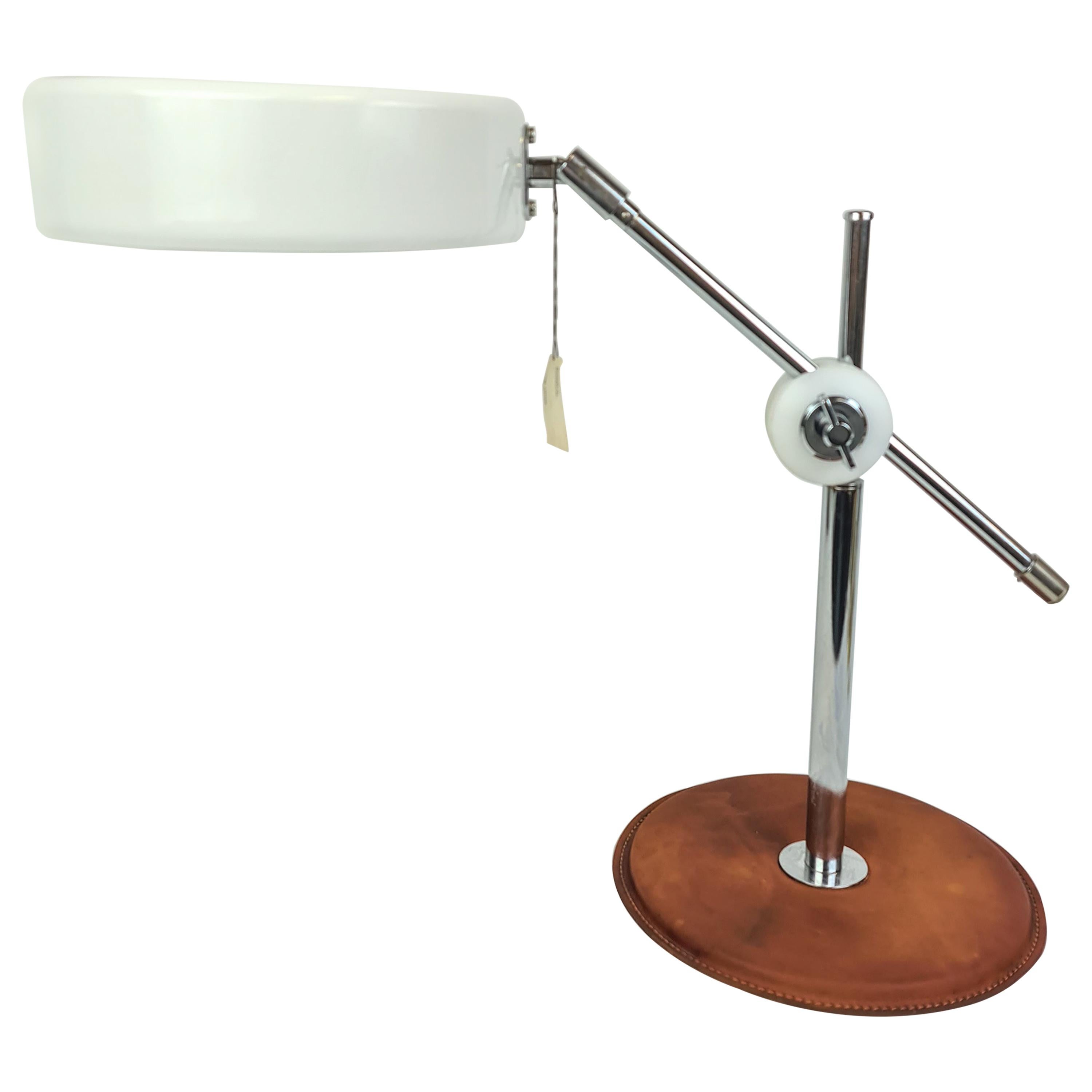 Vintage Midcentury brown Leather Chrome Atelje Lyktan Desk Lamp, Sweden For Sale