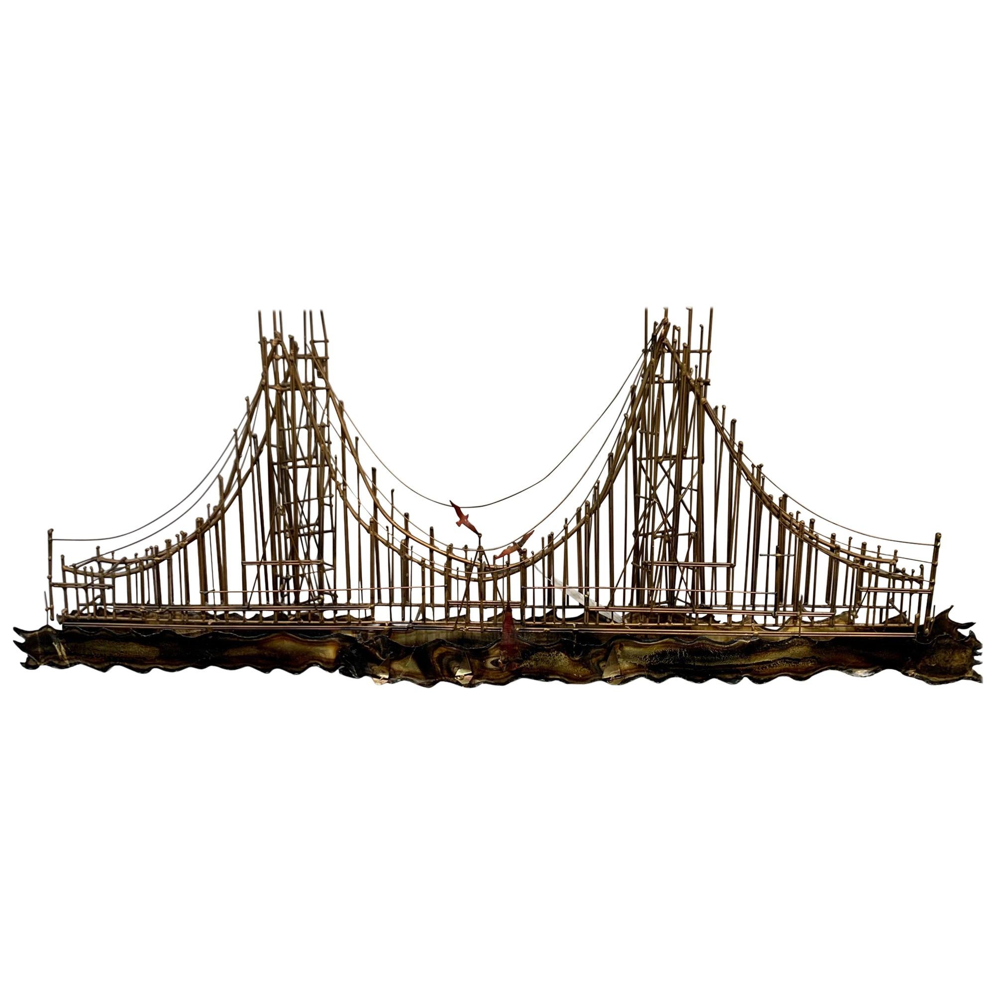 Vintage Midcentury Brutalist Metal Sculpture, Wall Art of a Bridge For