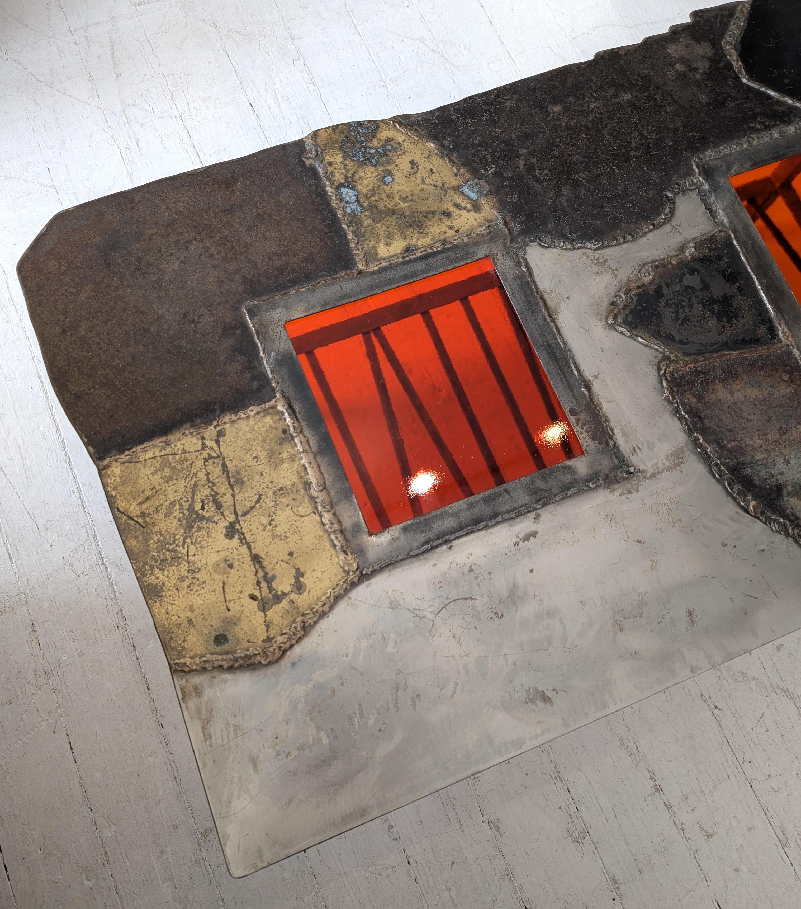 Vintage midcentury Brutalist steel, brass & red glass coffee table, USA 1970s For Sale 4