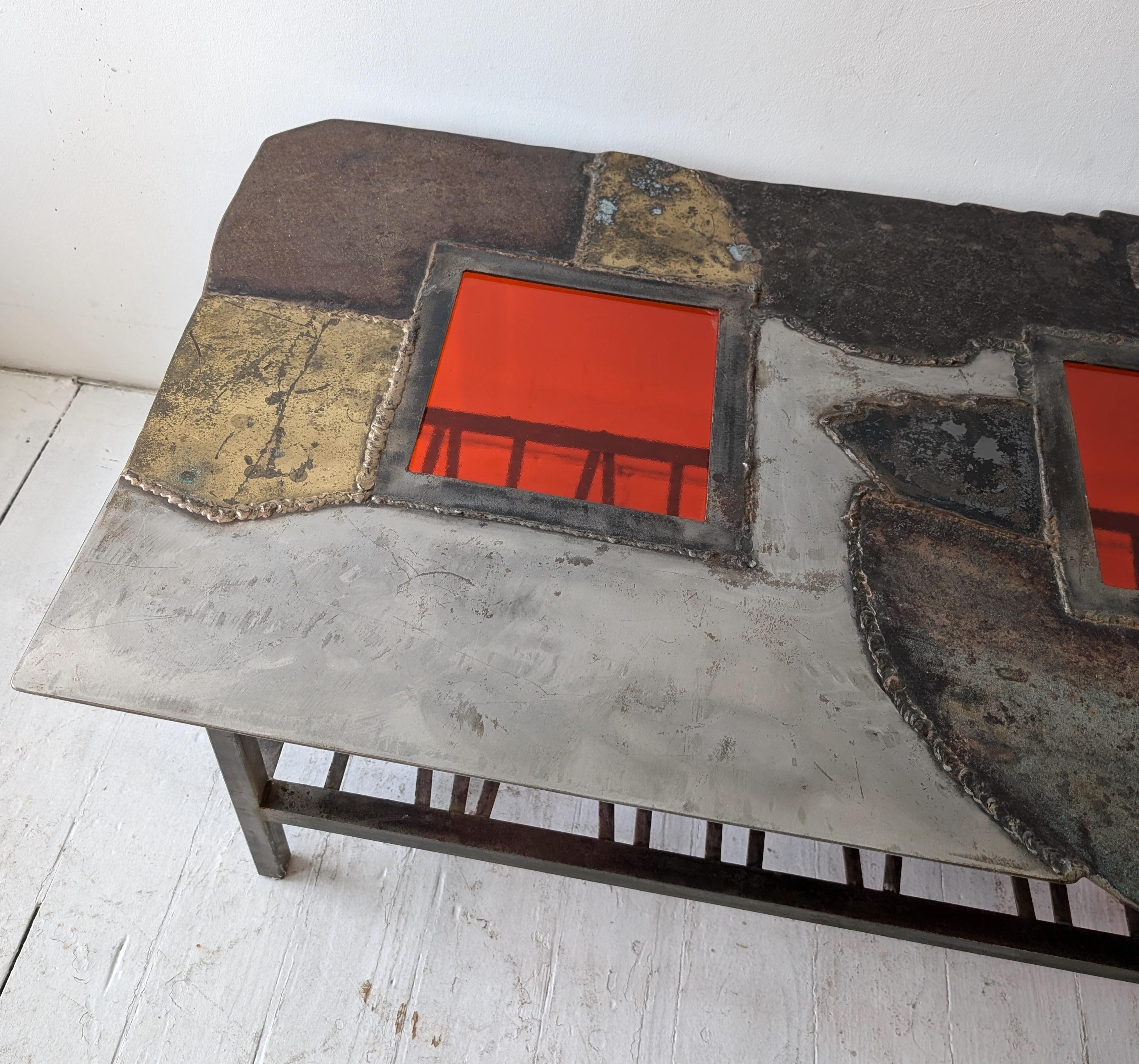 Vintage midcentury Brutalist steel, brass & red glass coffee table, USA 1970s For Sale 5