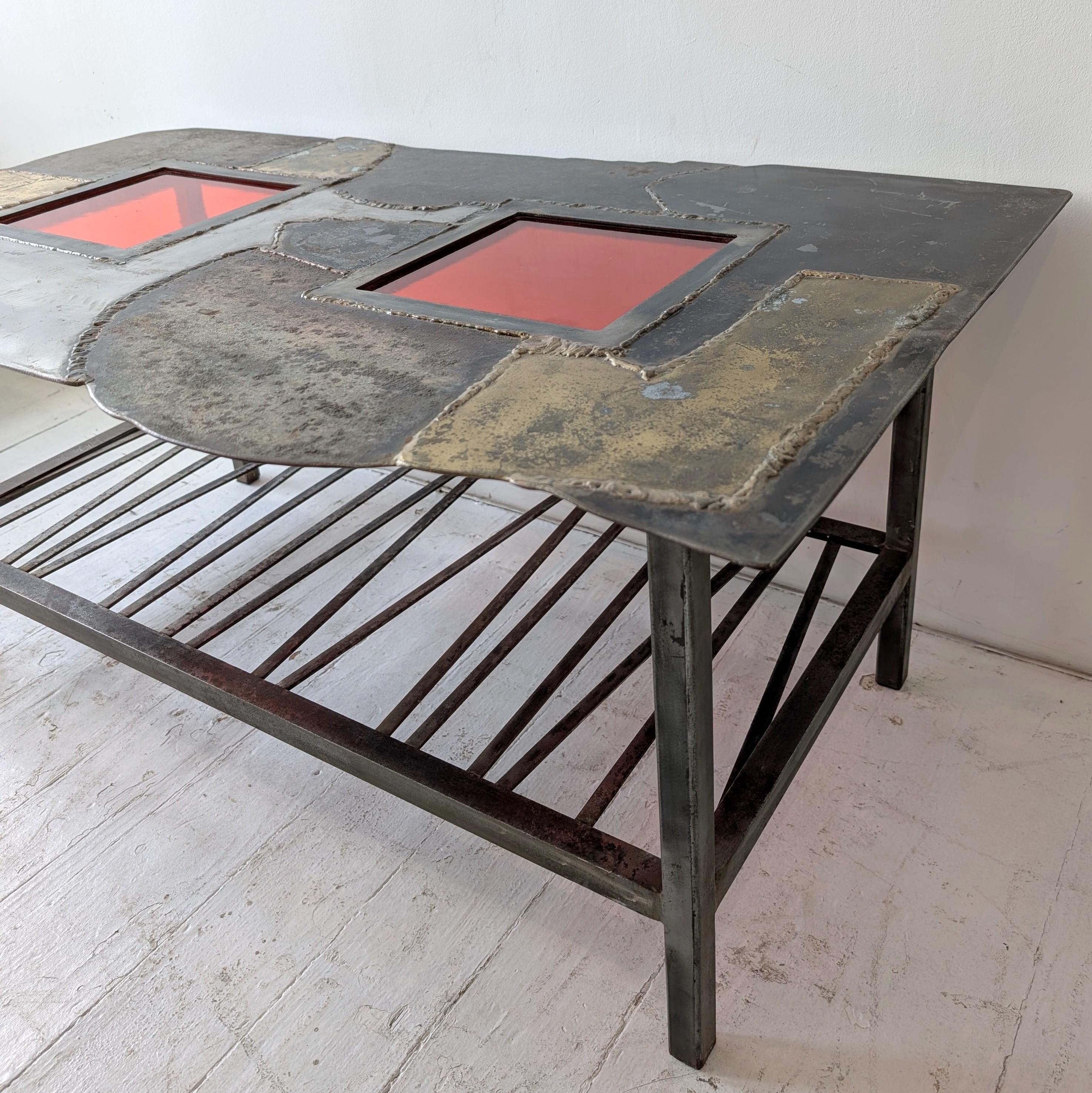 Vintage midcentury Brutalist steel, brass & red glass coffee table, USA 1970s For Sale 6