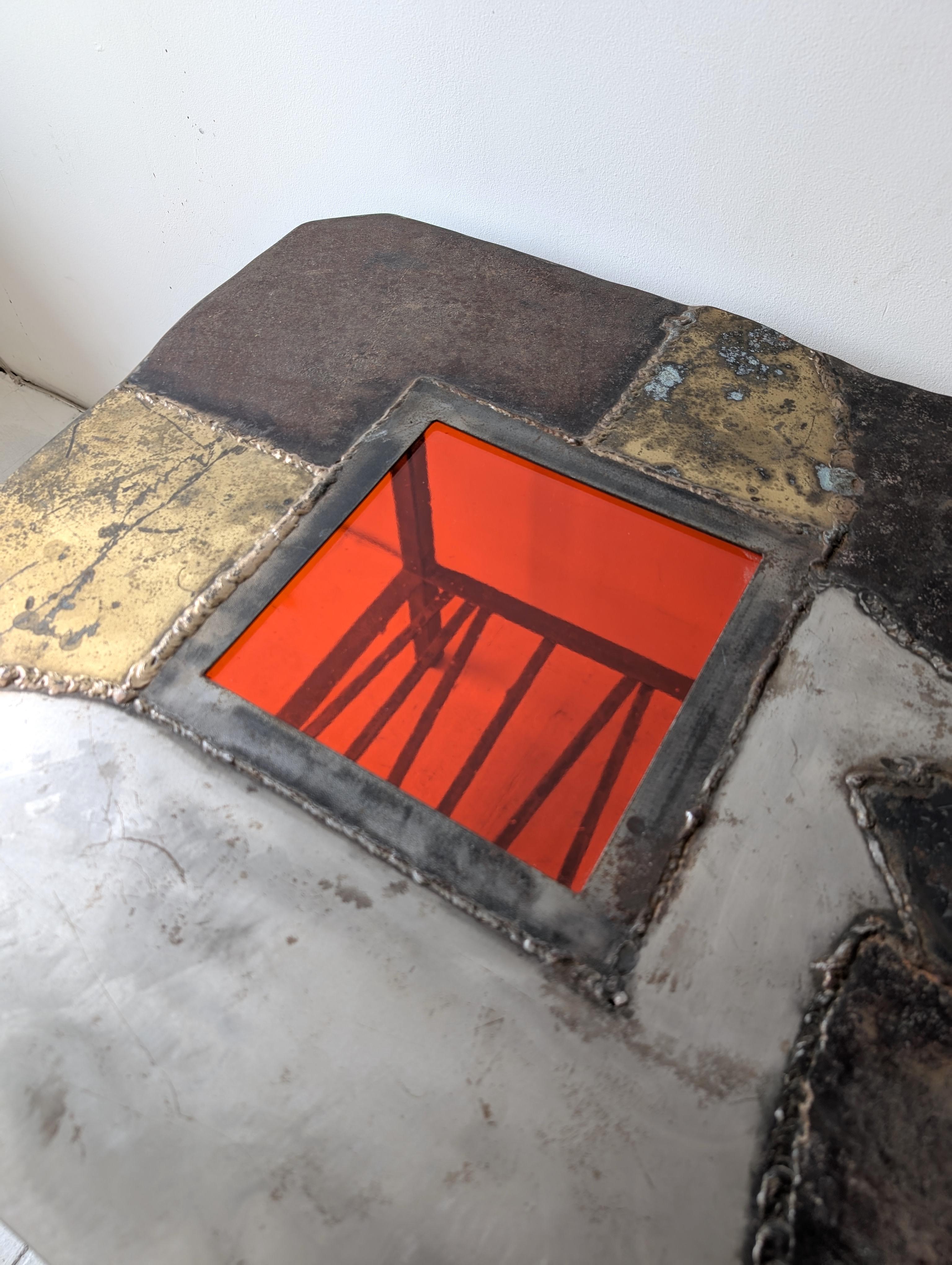 Vintage midcentury Brutalist steel, brass & red glass coffee table, USA 1970s For Sale 7