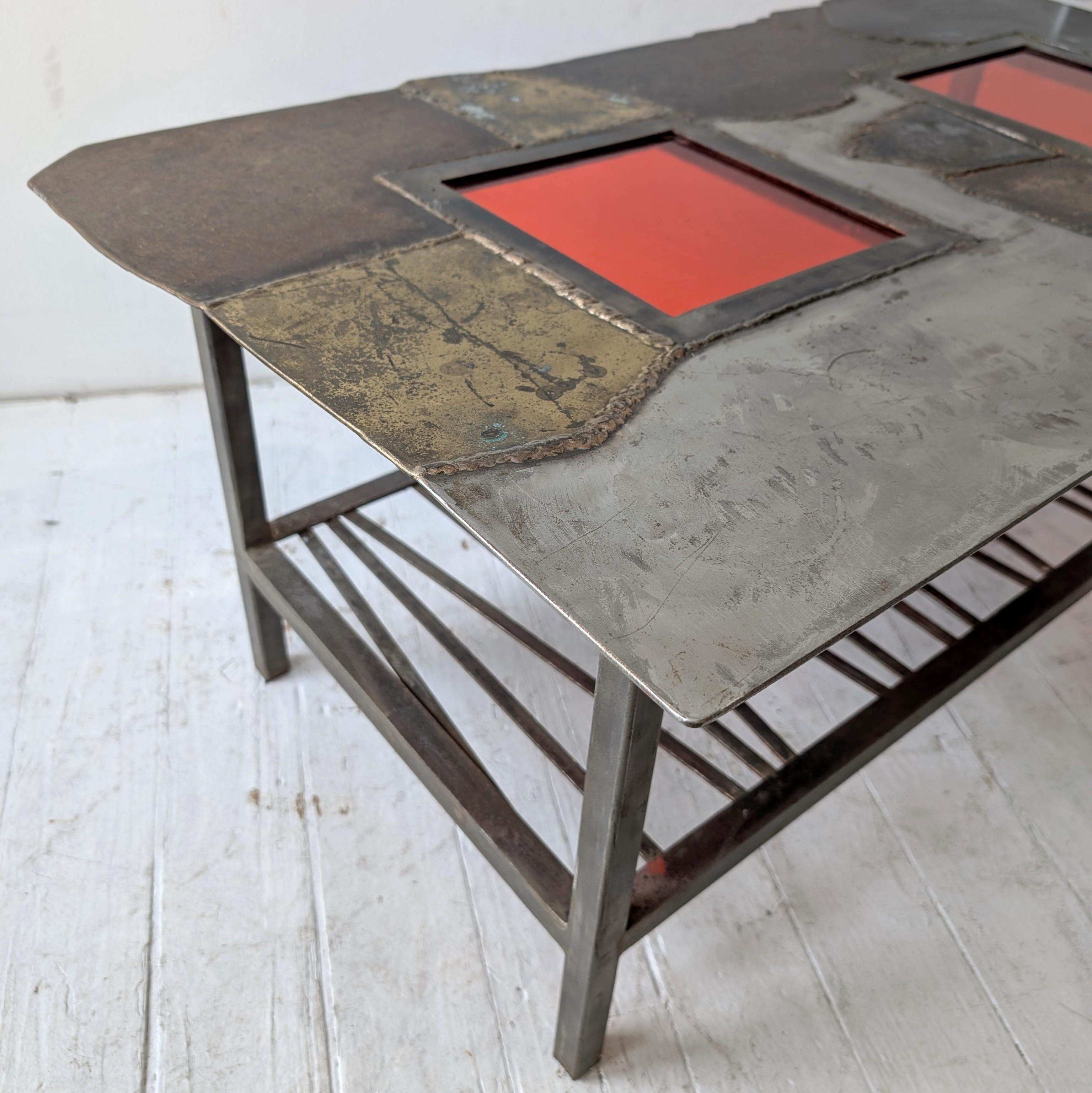 Vintage midcentury Brutalist steel, brass & red glass coffee table, USA 1970s For Sale 8