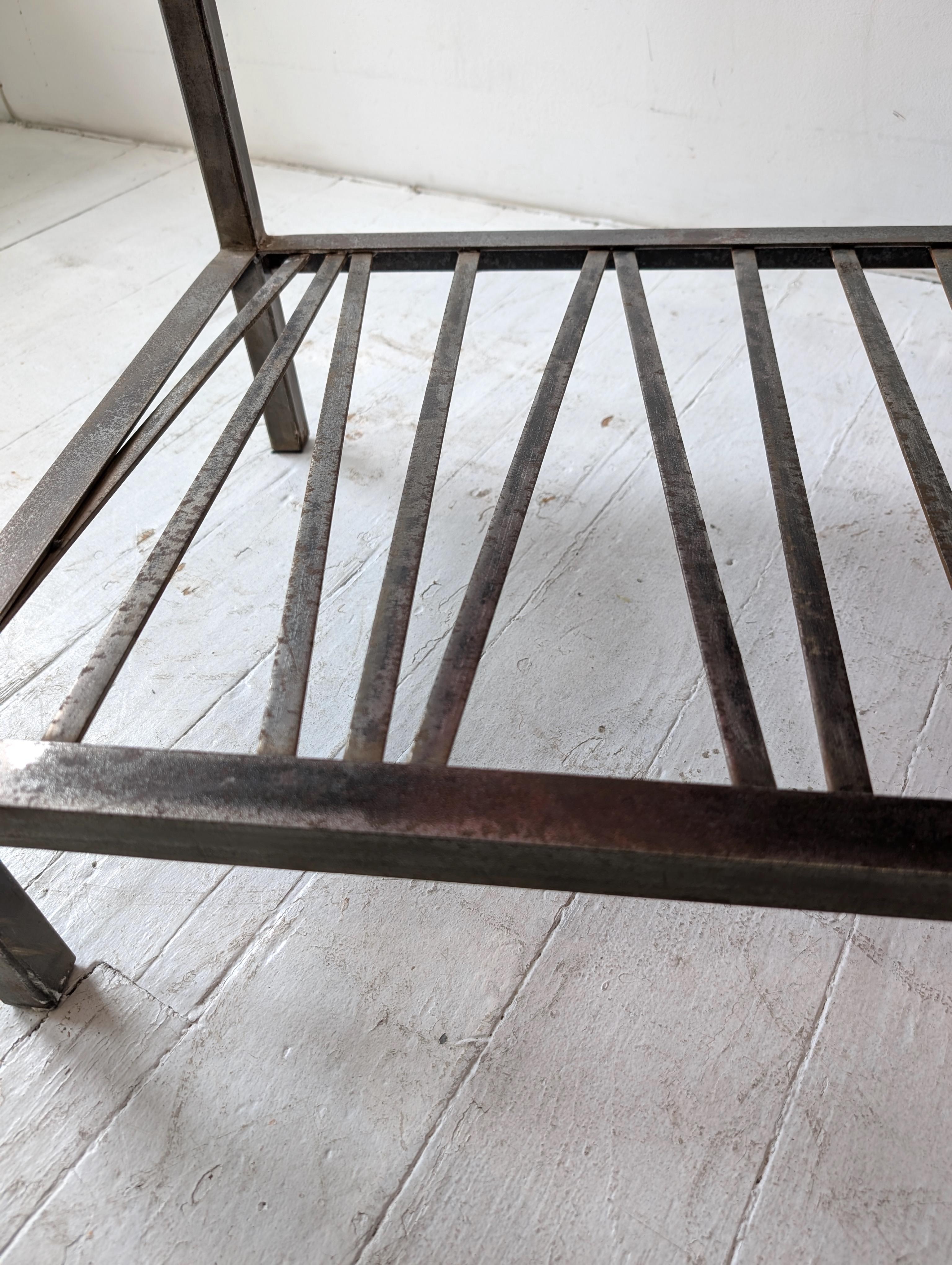 Vintage midcentury Brutalist steel, brass & red glass coffee table, USA 1970s For Sale 9
