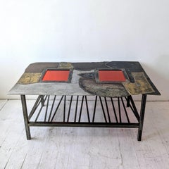 Vintage midcentury Brutalist steel, brass & red glass coffee table, USA 1970s
