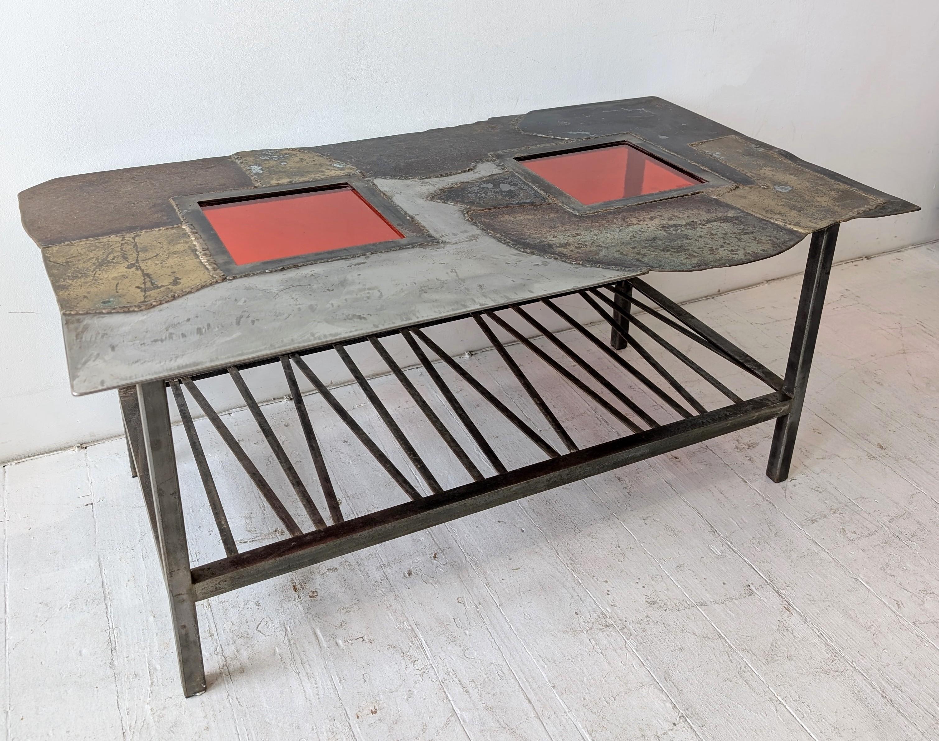 American Vintage midcentury Brutalist steel, brass & red glass coffee table, USA 1970s For Sale