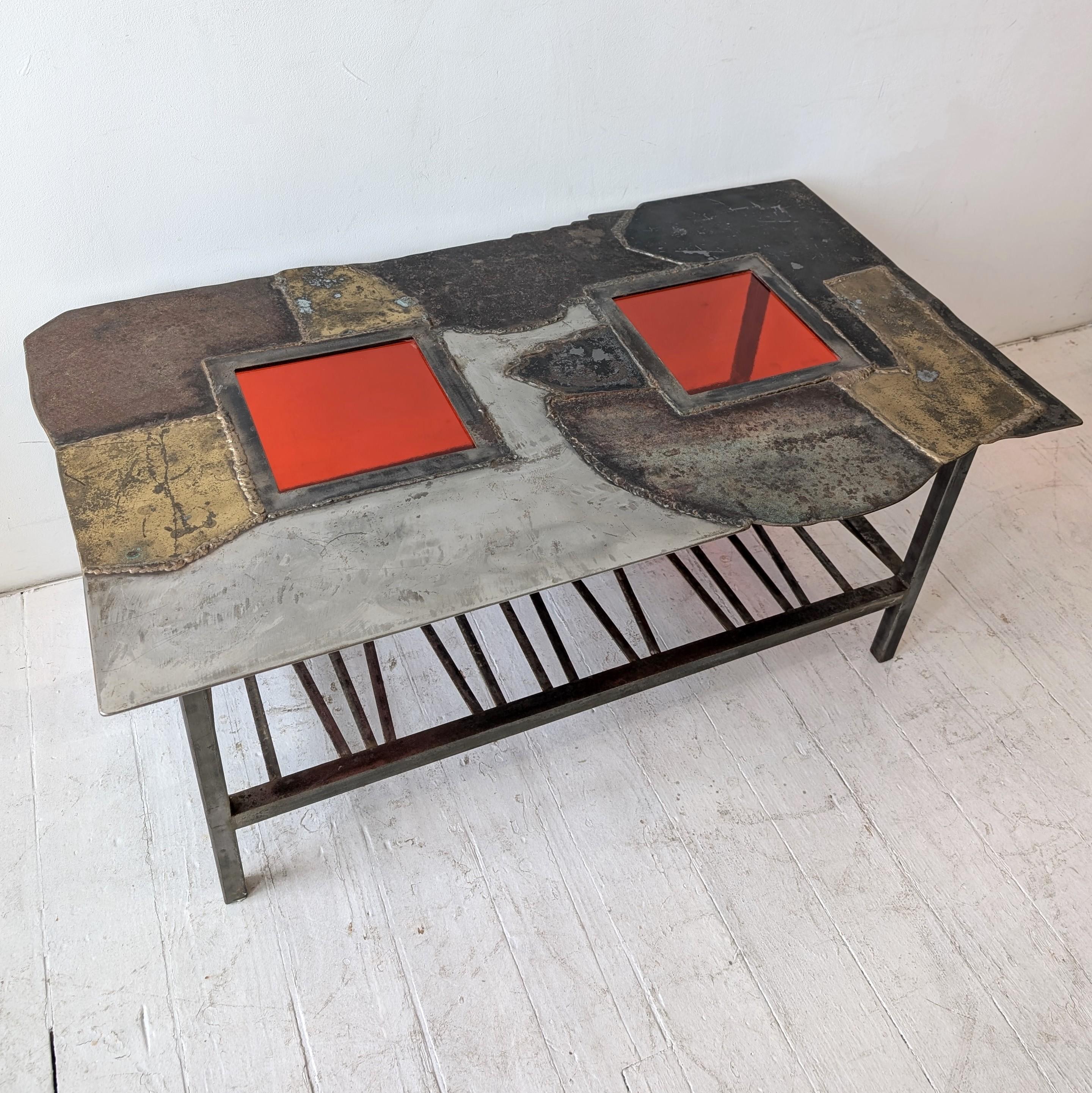 Vintage midcentury Brutalist steel, brass & red glass coffee table, USA 1970s In Good Condition For Sale In Hastings, GB