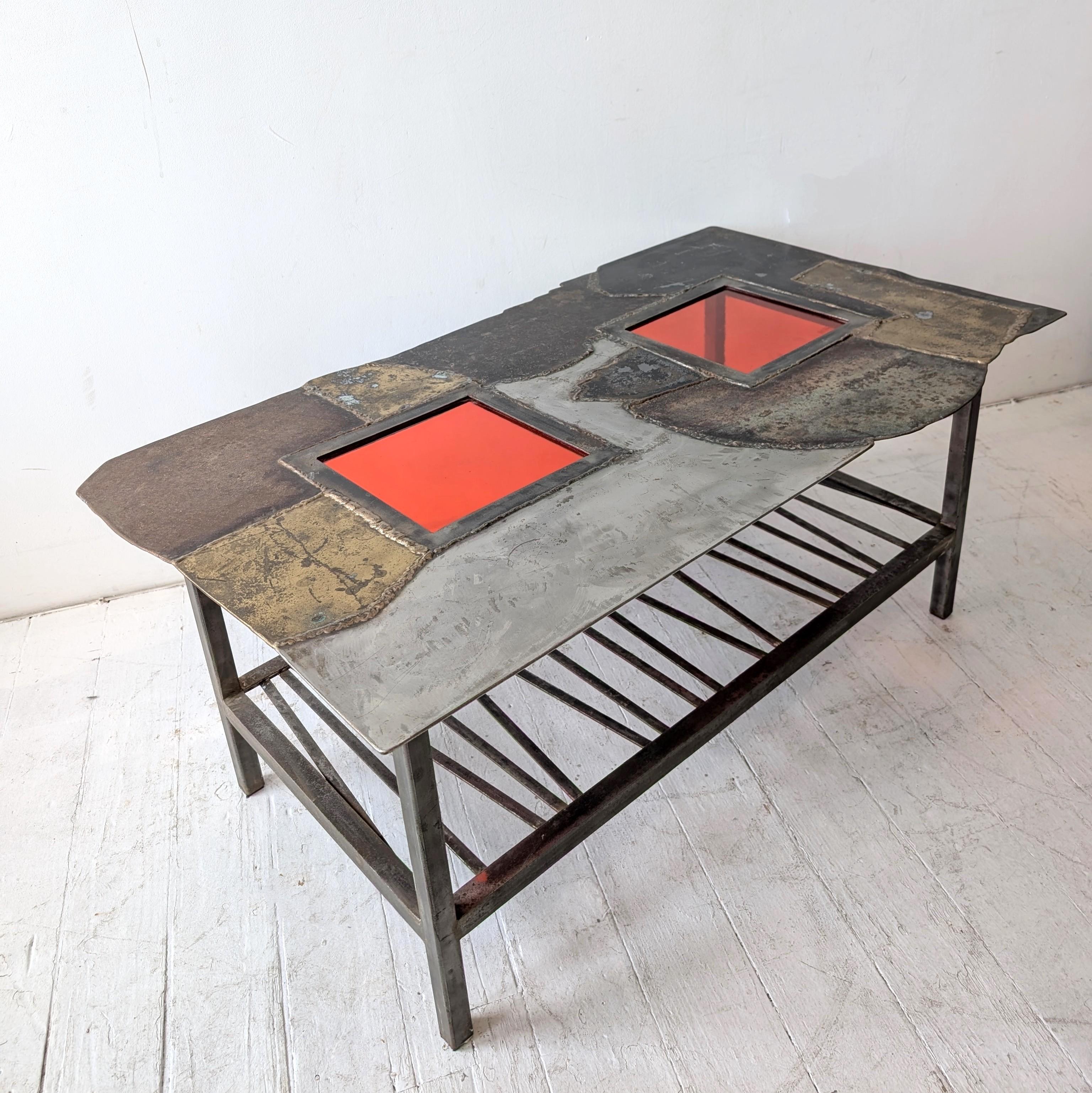 20th Century Vintage midcentury Brutalist steel, brass & red glass coffee table, USA 1970s For Sale